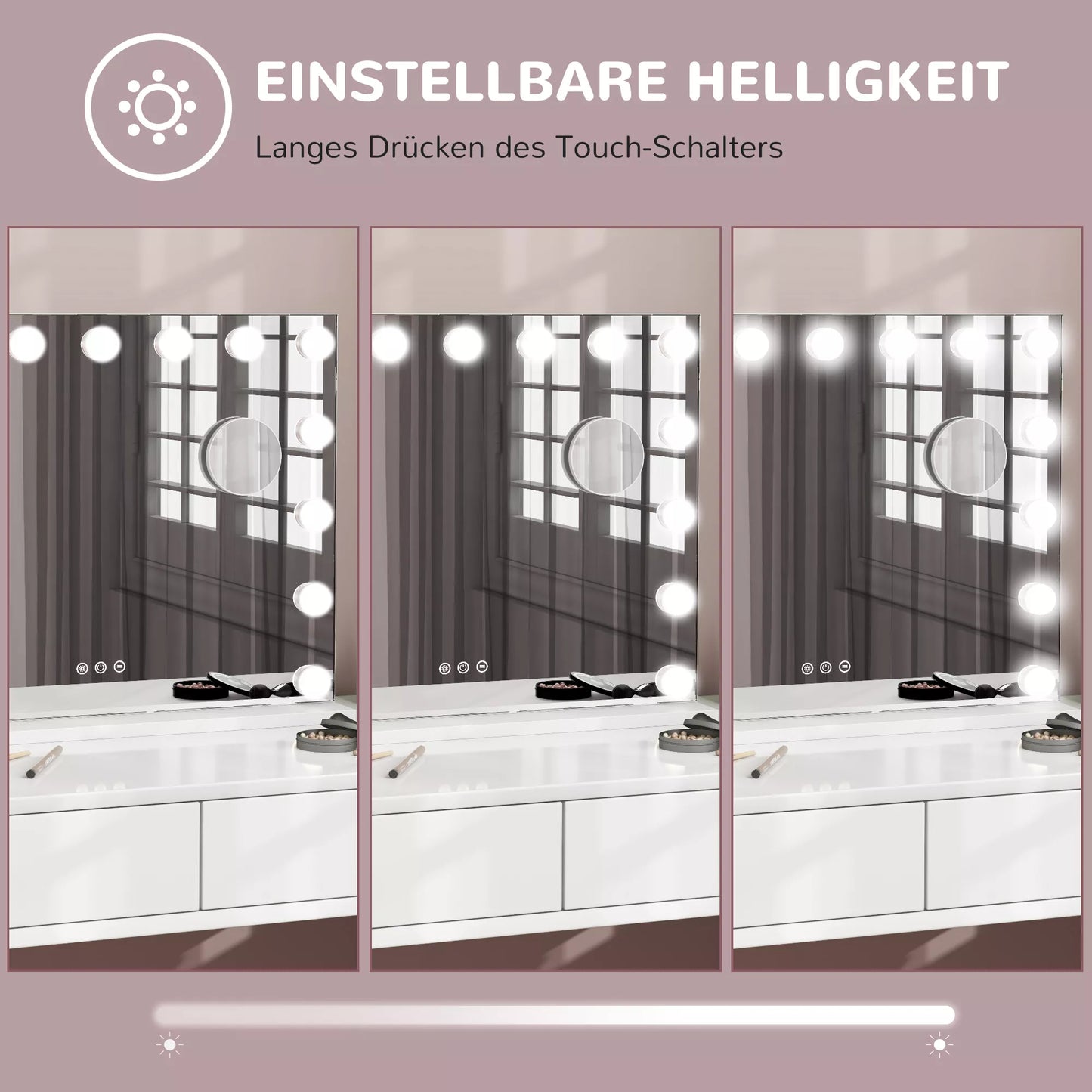 LED veidrodis makiažui, 3 apšvietimo režimai, pritemdomas, lietimui jautrus valdymas, USB, 58x48cm, baltas