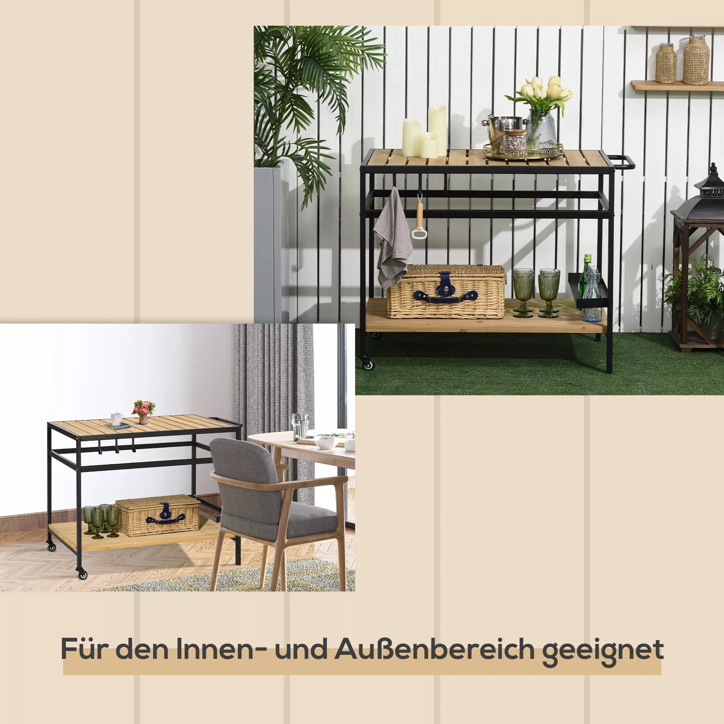 Pramoninio dizaino serviravimo vežimėlis, atsparus atmosferos poveikiui, 3 kabliai, 1 lentyna, 107 cm x 65 cm x 80 cm, juodas + natūralus