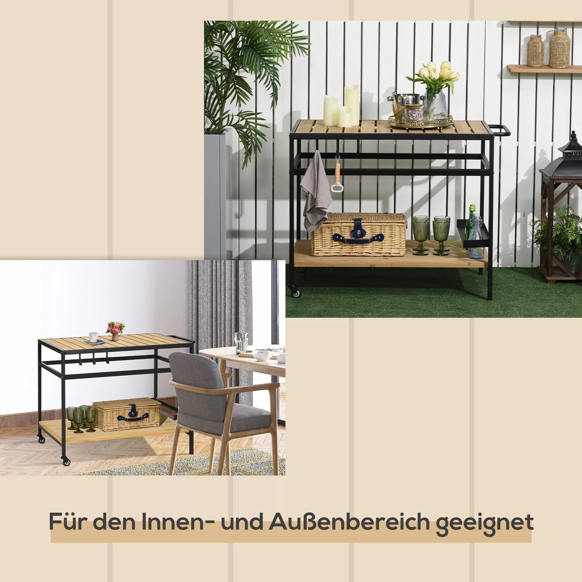 Pramoninio dizaino serviravimo vežimėlis, atsparus atmosferos poveikiui, 3 kabliai, 1 lentyna, 107 cm x 65 cm x 80 cm, juodas + natūralus