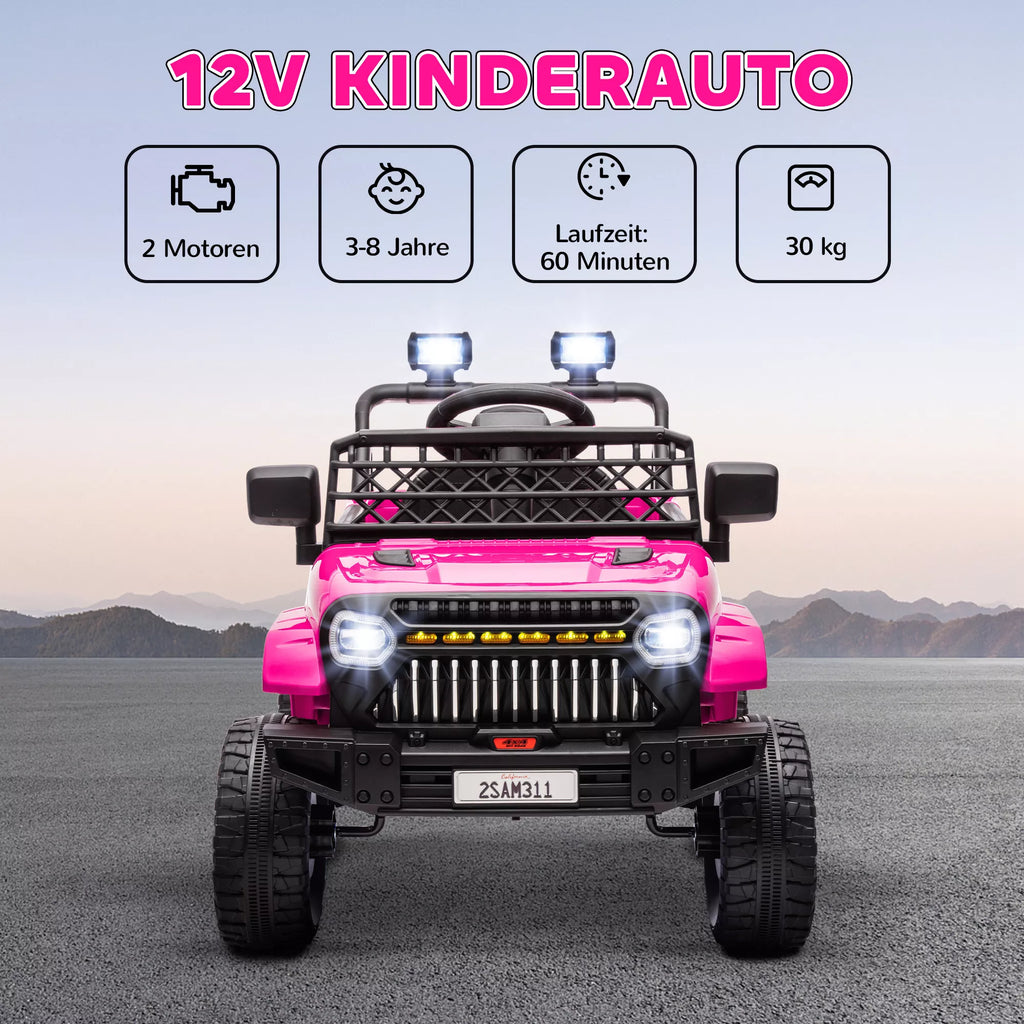 Vaikiškas 12V elektromobilis su nuotolinio valdymo pultu, džipas, 3–8 metų vaikams, rožinis 3–5 km/h