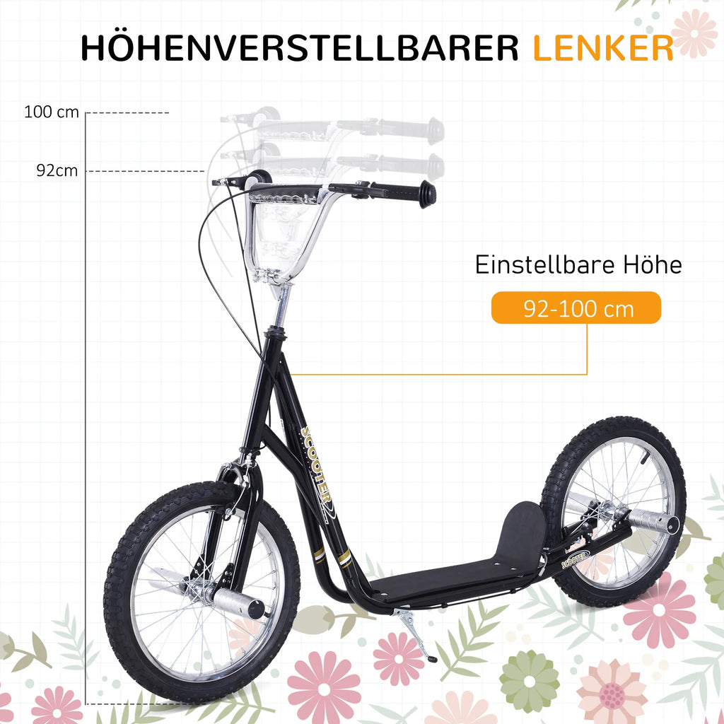 Vaikų paspirtukas su pneumatinėmis padangomis Kickscooter Scooter Paspirtukas Miesto paspirtukas vaikams Kickboard 16 colių nuo 5 metų Aukščio reguliavimas Juodas 143 x 58 x 92-100 cm