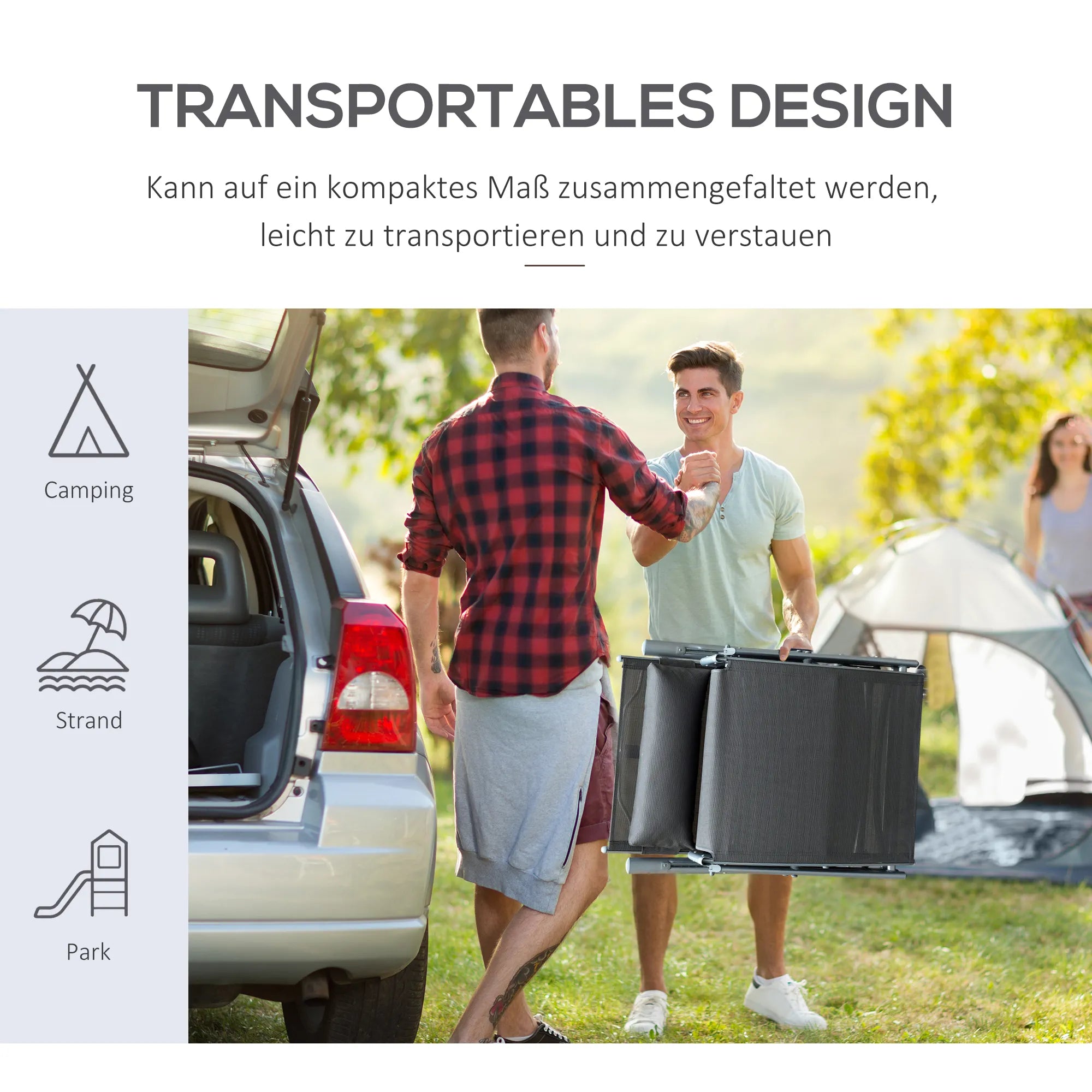 Schema su sulankstytu gultu ir žmonėmis, nešančiais jį prie automobilio