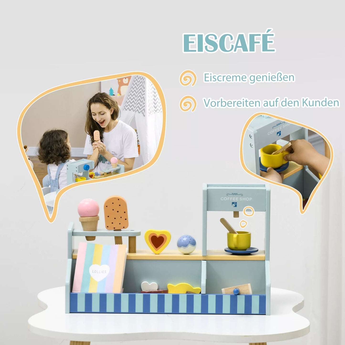 Žaidimų ledų namelis vaikams, ledų kioskeli, daug priedų, lavina vaizduotę ir motoriką, šviesiai mėlyna spalva