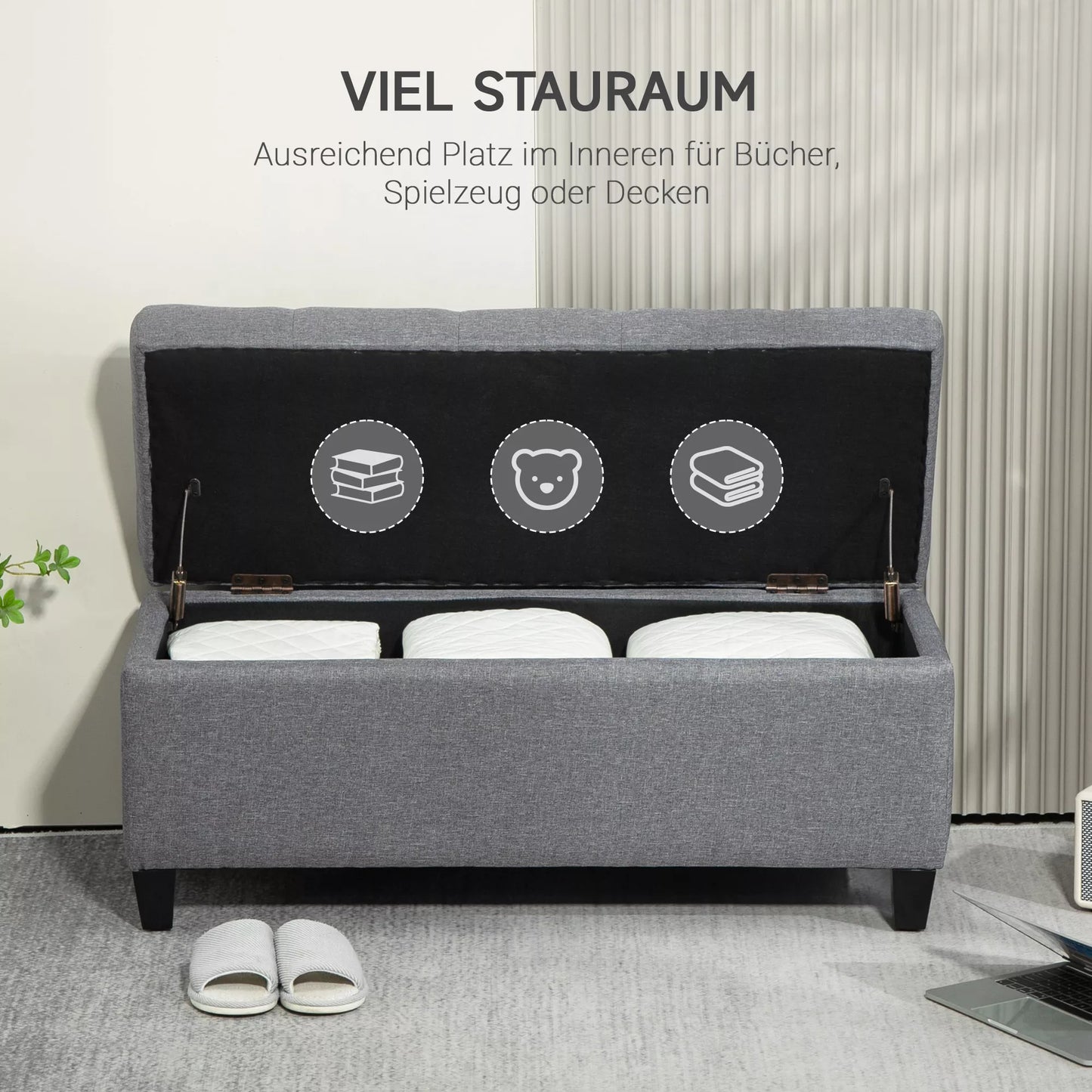 Suolas su daiktadėže, apmuštas, lininio tipo poliesteris, kaučiuko mediena, 100 x 40 x 44 cm, šviesiai pilkas