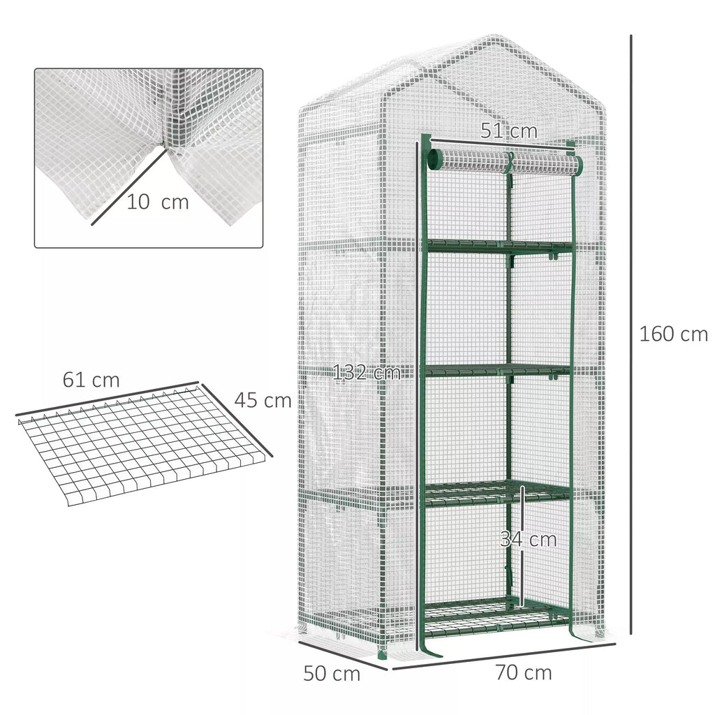 Šiltnamis daigams su lentynomis, plėvelinis mini šiltnamis gėlėms ir daržovėms, 4 aukštų, 70×50×160 cm, baltas