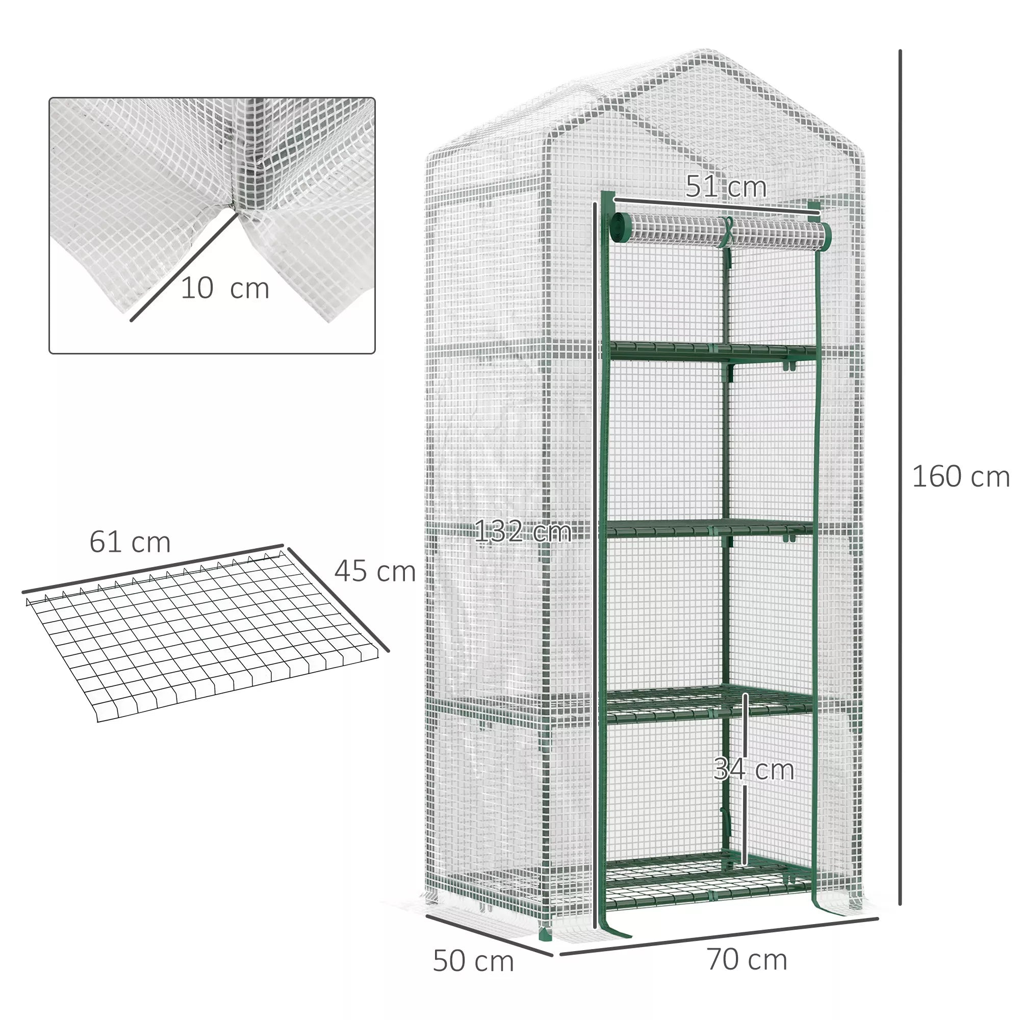Šiltnamis daigams su lentynomis, plėvelinis mini šiltnamis gėlėms ir daržovėms, 4 aukštų, 70×50×160 cm, baltas