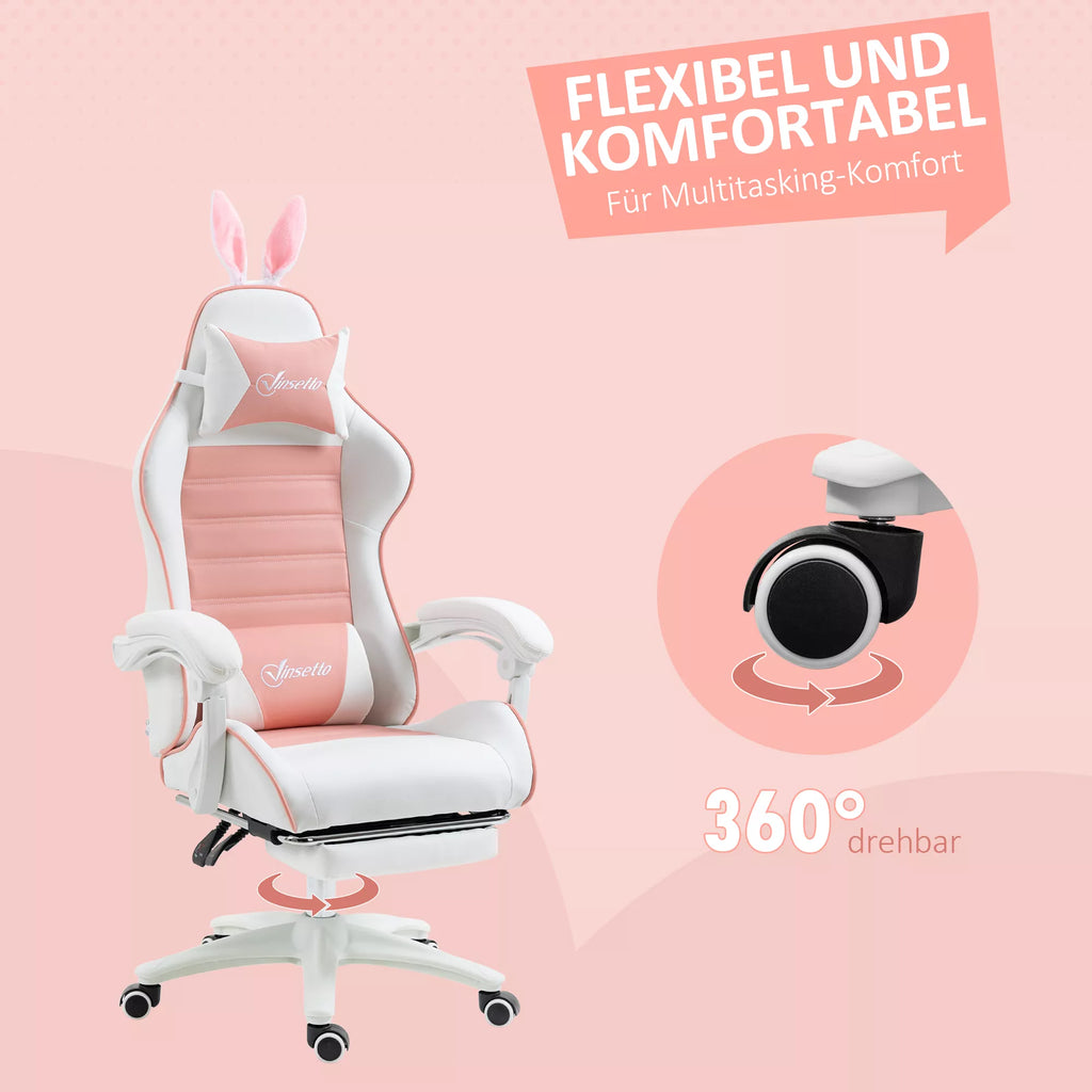 Žaidimų kėdė Ergonomiška žaidėjų kėdė su juosmens atrama, kojų atrama, triušio ausų pagalvėle, rožinė