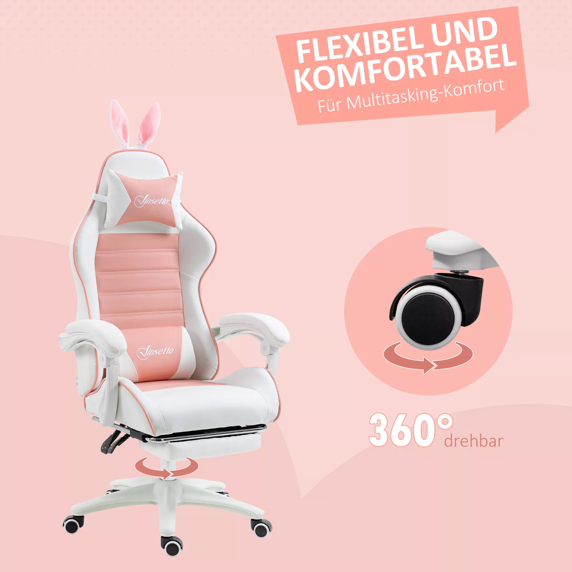 Žaidimų kėdė Ergonomiška žaidėjų kėdė su juosmens atrama, kojų atrama, triušio ausų pagalvėle, rožinė