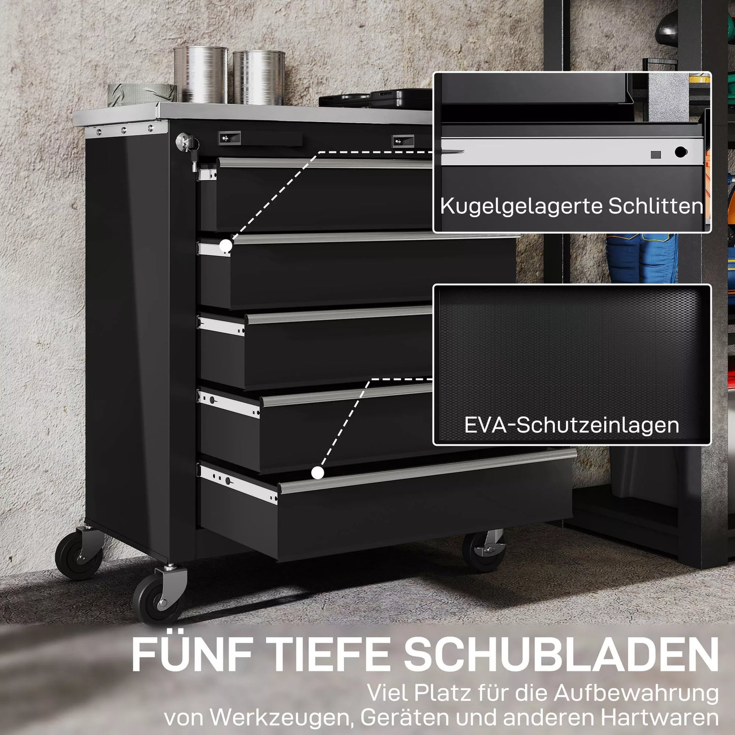 Įrankių vežimėlis su 5 stalčiais, ratinė įrankių dėžė, plieninis įrankių spintelė, sidabro+juoda