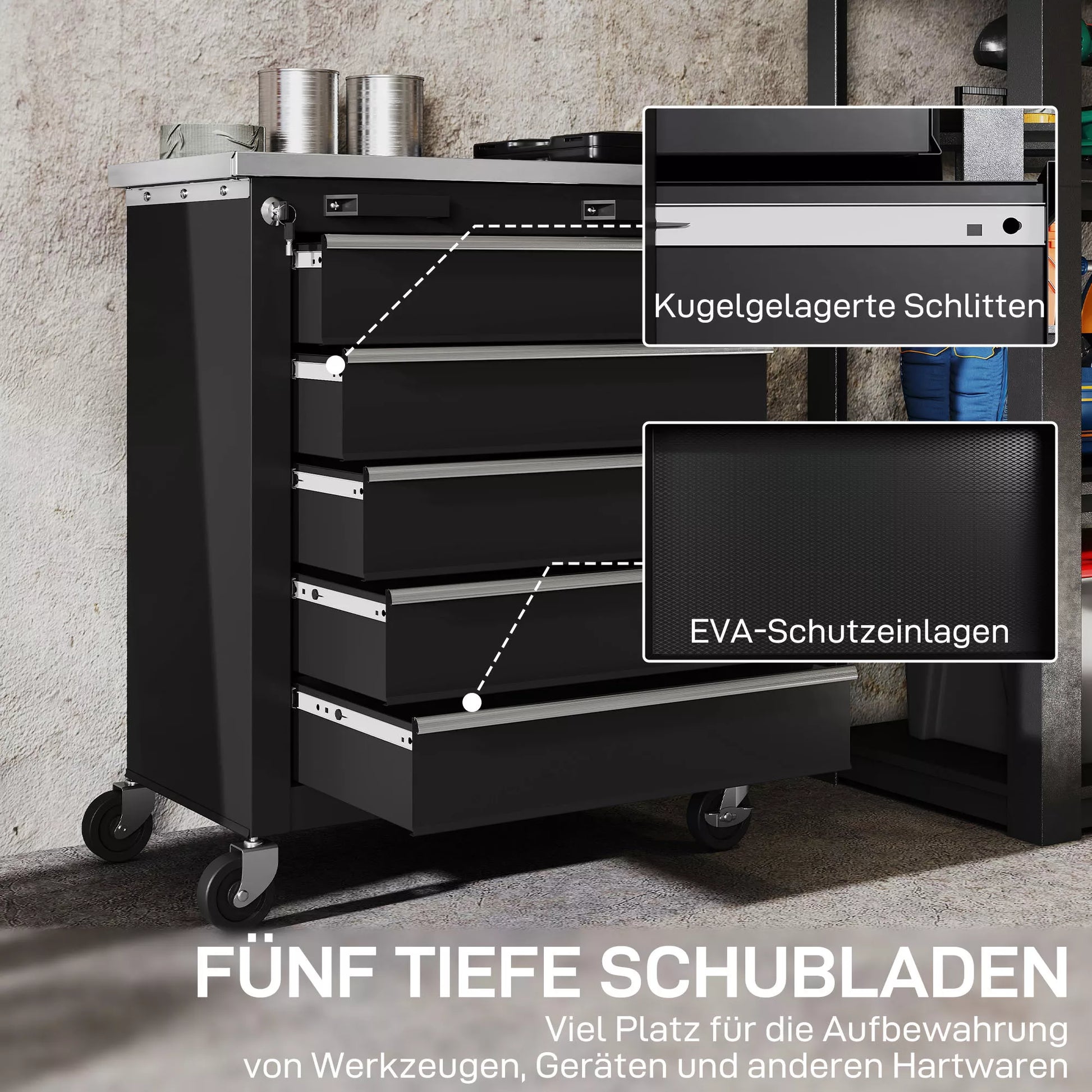 Įrankių vežimėlis su 5 stalčiais, ratinė įrankių dėžė, plieninis įrankių spintelė, sidabro+juoda