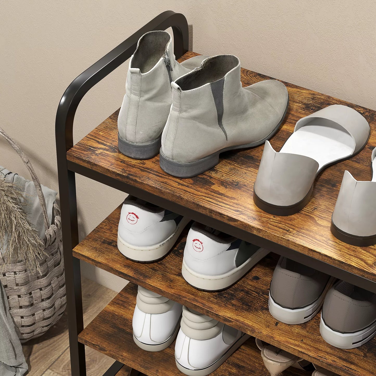 4 pakopų batų lentyna, atviras dizainas, metalinis rėmas, reguliuojamos kojelės, 70x30x65 cm, ruda/juoda