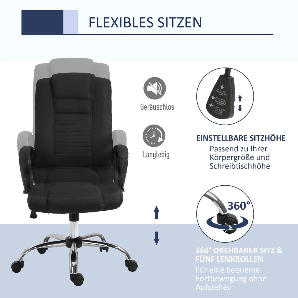 Biuro kėdė, kompiuterinė kėdė su svyravimo funkcija, galvos atrama, ergonomiška rašomojo stalo kėdė, sukiojama, reguliuojamo aukščio, „Linen-Touch“ juodos spalvos, 62 x 76 x 110–119 cm