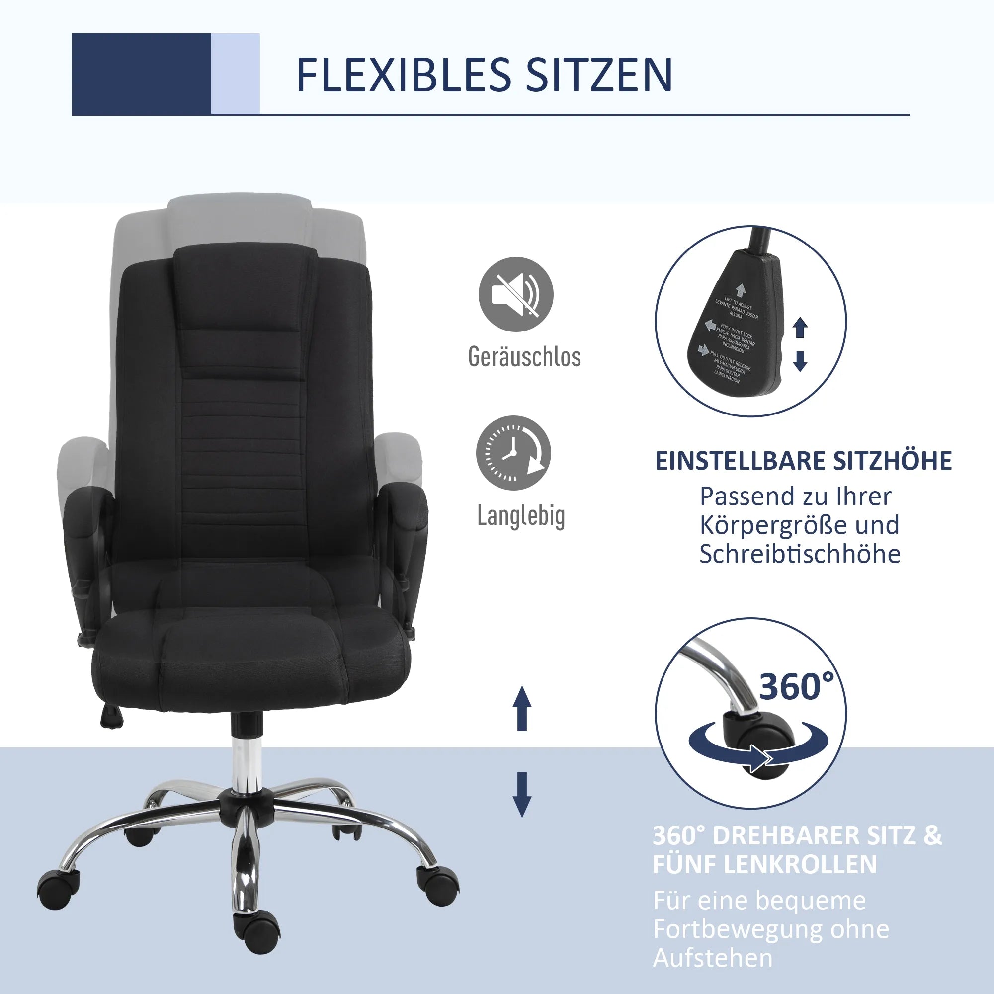 Biuro kėdė, kompiuterinė kėdė su svyravimo funkcija, galvos atrama, ergonomiška rašomojo stalo kėdė, sukiojama, reguliuojamo aukščio, „Linen-Touch“ juodos spalvos, 62 x 76 x 110–119 cm