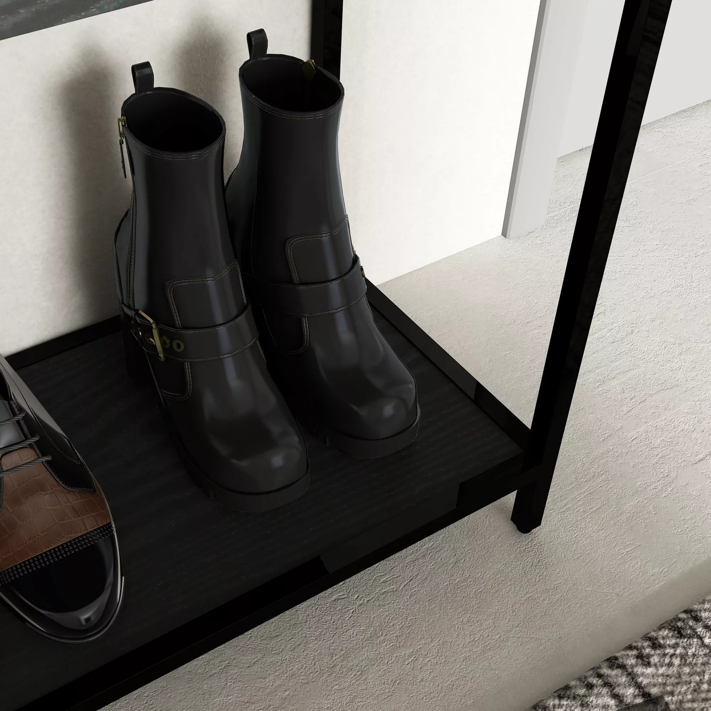 Konsolė su 2 lentynomis, prieškambario stalas, prieškambario konsolė, juoda