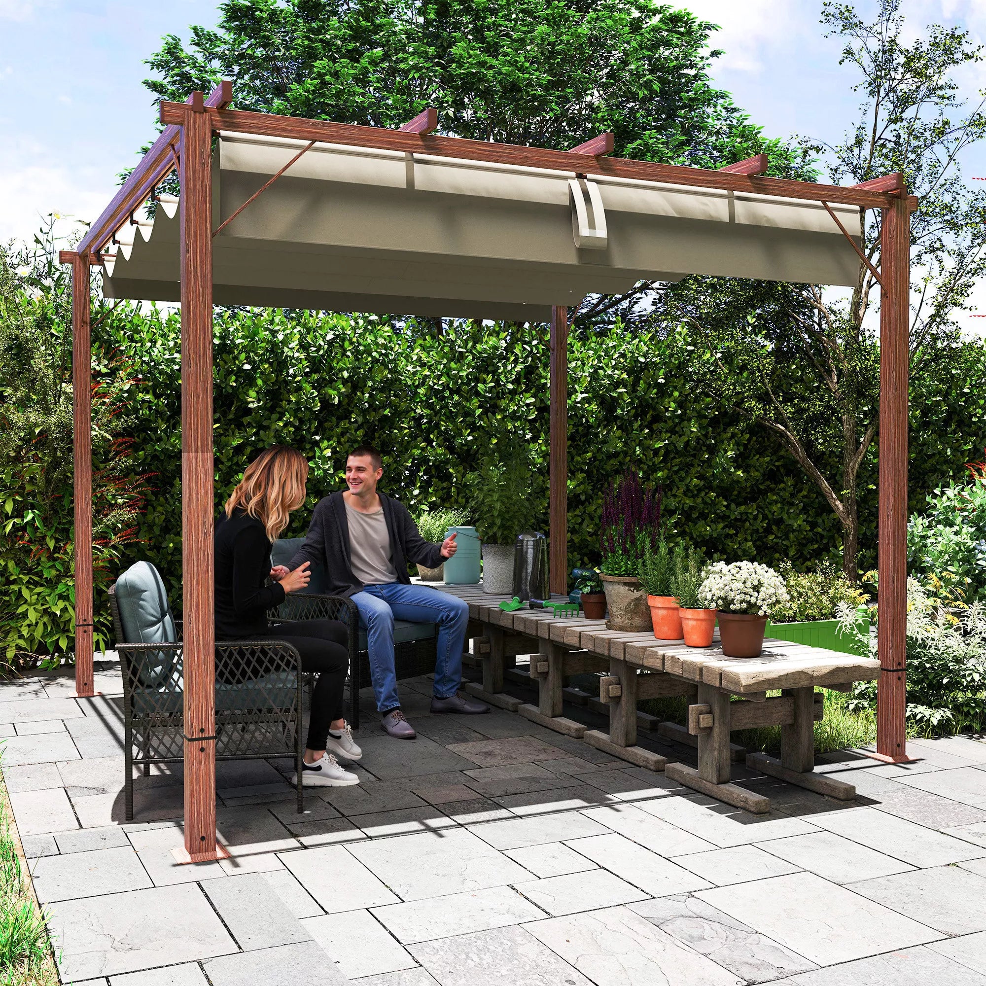 3 x 3 m sodo pergola, reguliuojamas terasos stogas, aliuminio rėmas, UPF30+ apsauga nuo saulės, natūralus medis