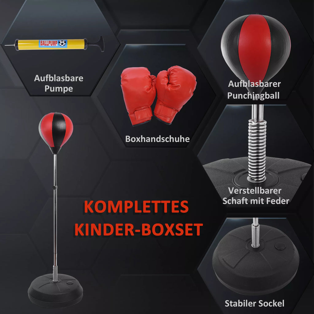 Bokso rinkinys: pompa, raudonos pirštinės, kamuolys, spyruoklinis kotas ir pagrindas