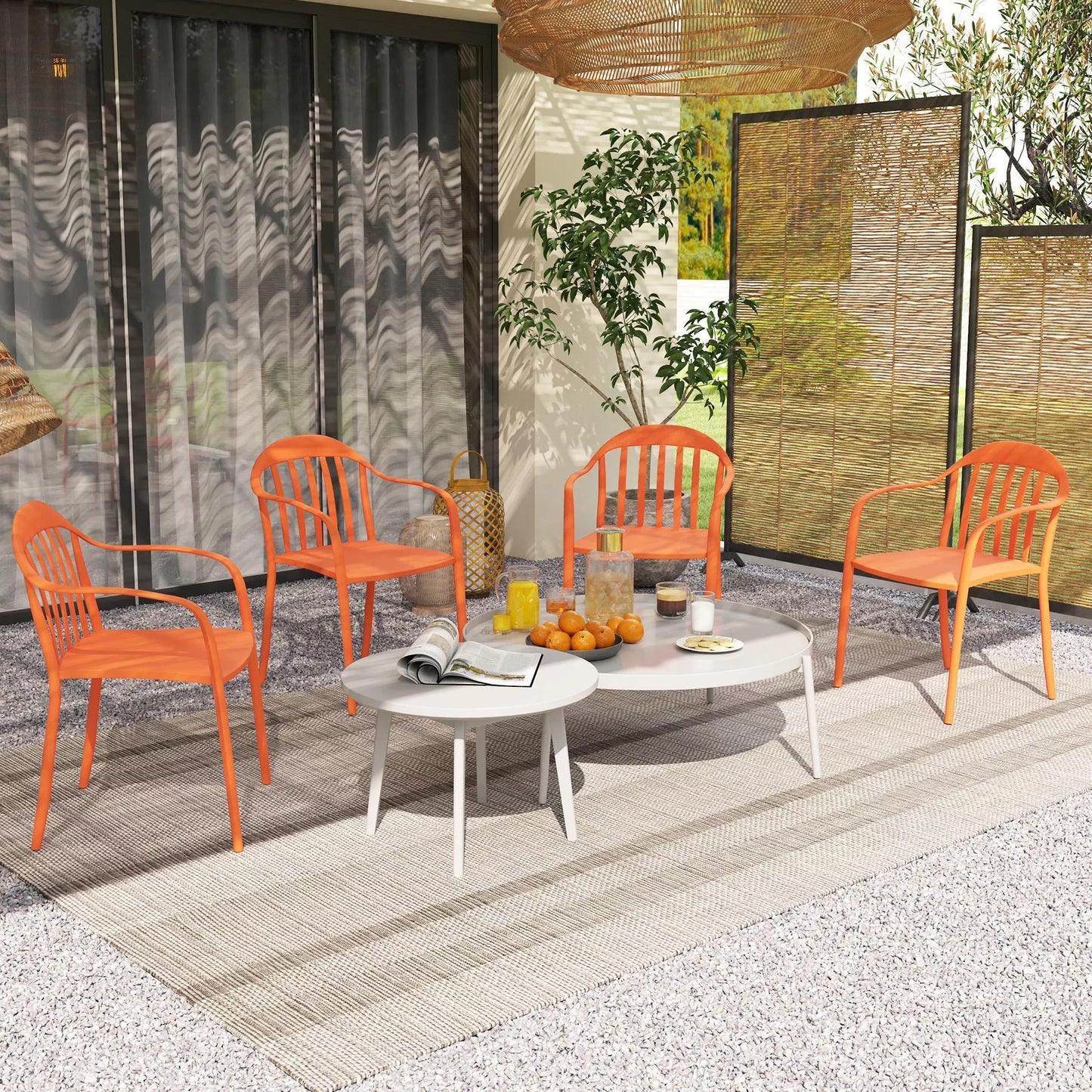 Lauko kėdžių rinkinys iš 4 vnt., atsparus oro sąlygoms, pagamintas iš plastiko, sukraunama kėdė su porankiais, atlošu, atlaiko iki 120 kg