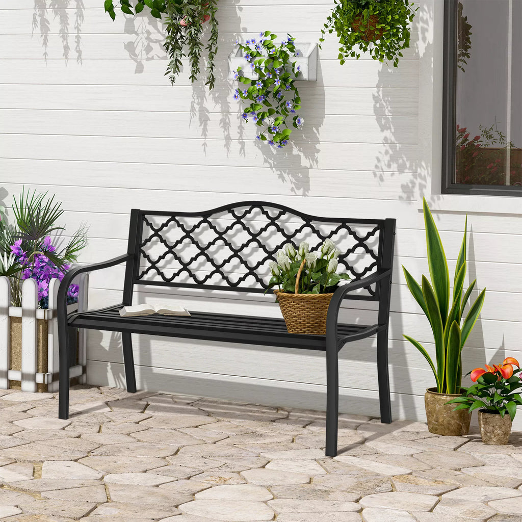 Sodo suolas 2 vietų metalinis parko suolas Suolas iki 240 kg Suolas Terasos suolas su atlošais ir porankiais Sodo baldai Ketus Juodas 128 x 58,5 x 89 cm