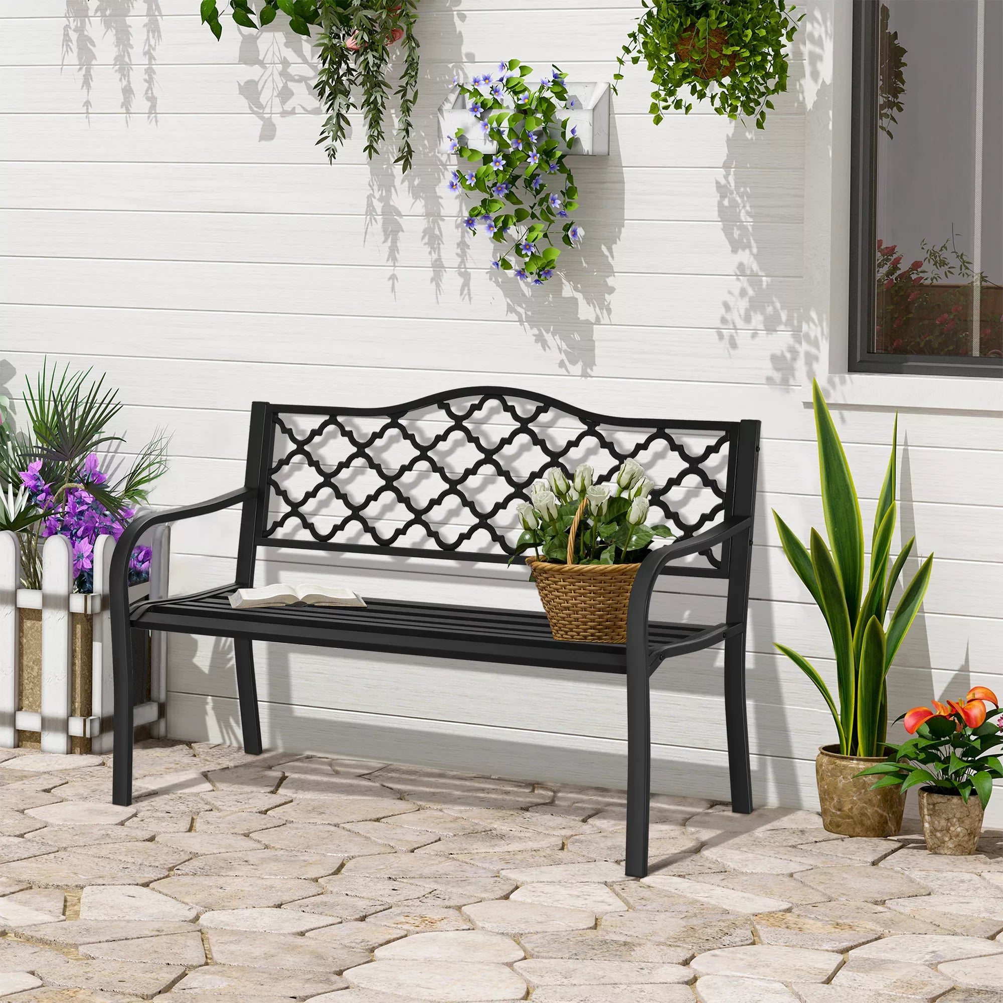 Sodo suolas 2 vietų metalinis parko suolas Suolas iki 240 kg Suolas Terasos suolas su atlošais ir porankiais Sodo baldai Ketus Juodas 128 x 58,5 x 89 cm