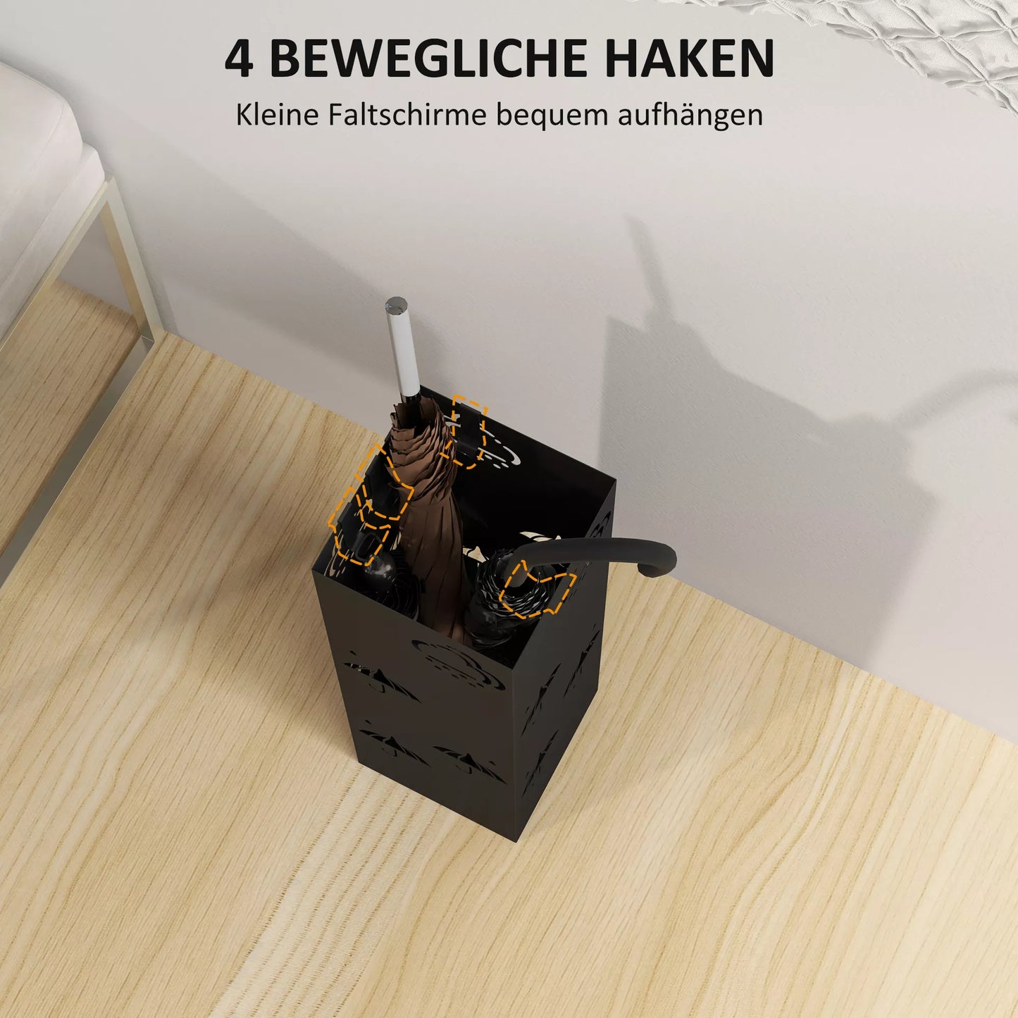 Juodas metalinis skėčių stovas, 4 kabliukai, su debesėlių ir skėčių raštu, lašų surinkimo padėklas