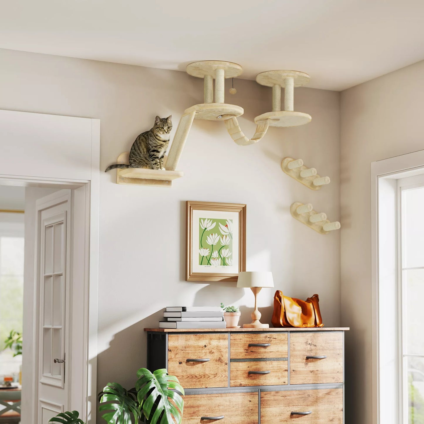 Kačių laiptelių komplektas, tvirtinama prie sienos ir lubų, katėms iki 5 kg, smėlio spalvos