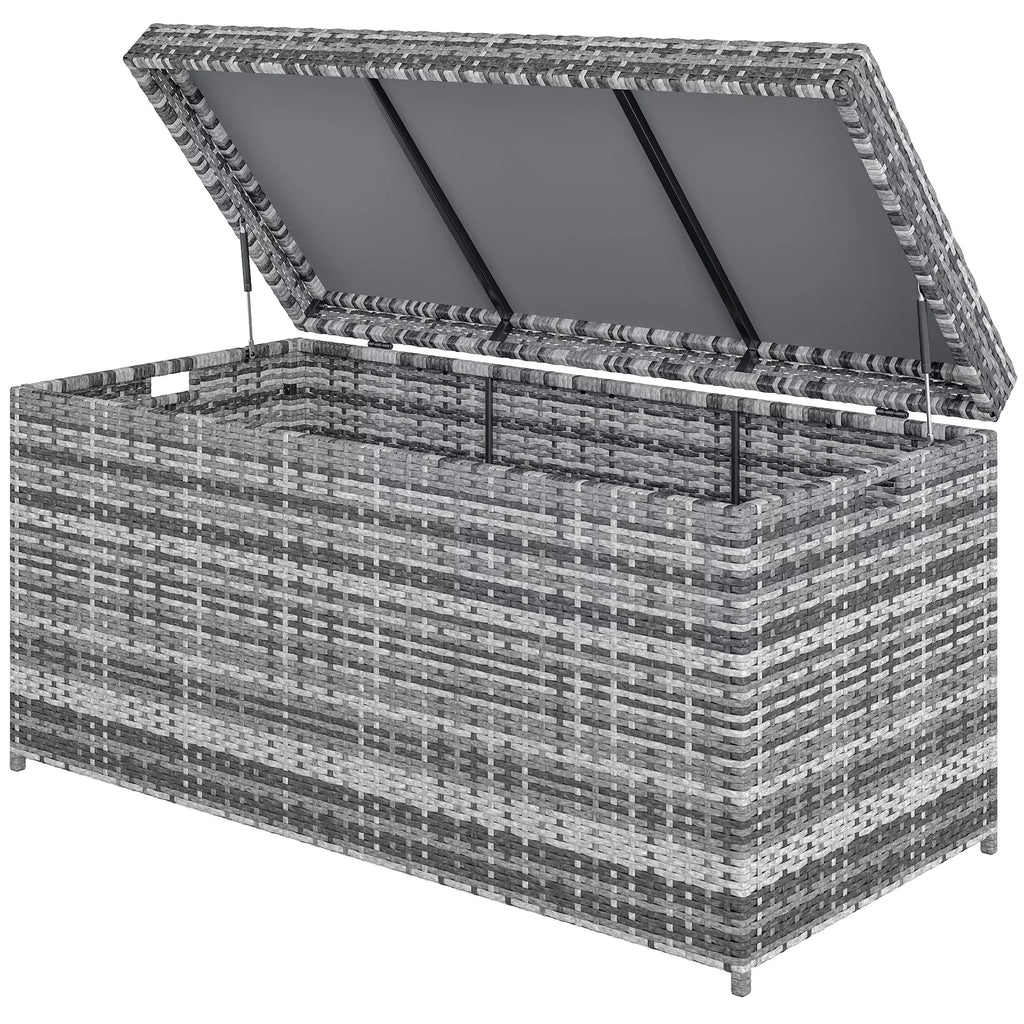 Rattan Auflagenbox 380L atsparus atmosferos poveikiui pagalvės dėžė su dangčiu Sandėliavimo erdvė Atsparus UV spinduliams 130 x 61 x 65 cm Tamsiai pilka