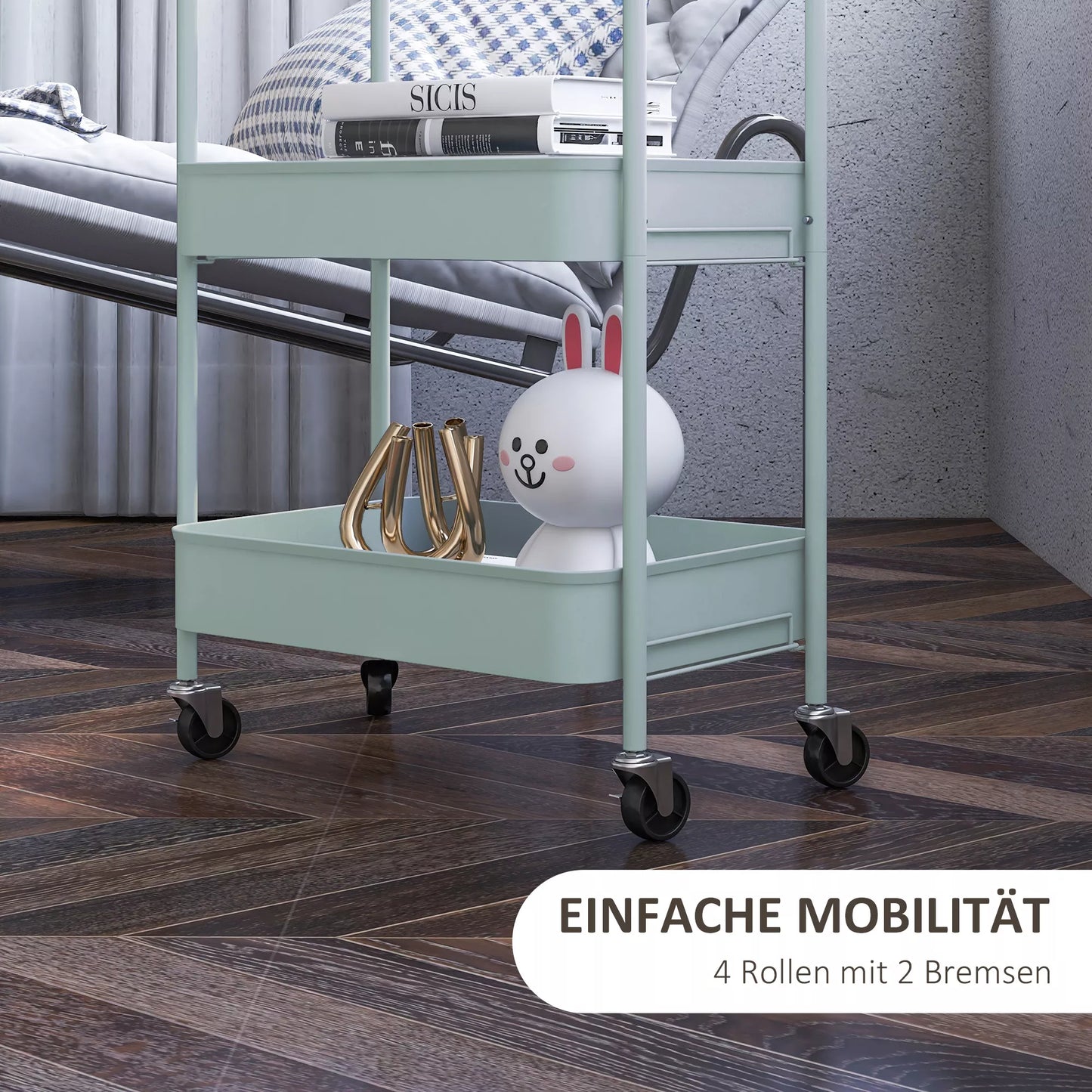 Daugiafunkcis vežimėlis virtuvei, 3 lentynos, 4 ratukai, 45 cm x 30,6 cm x 79 cm, šviesiai mėlynas