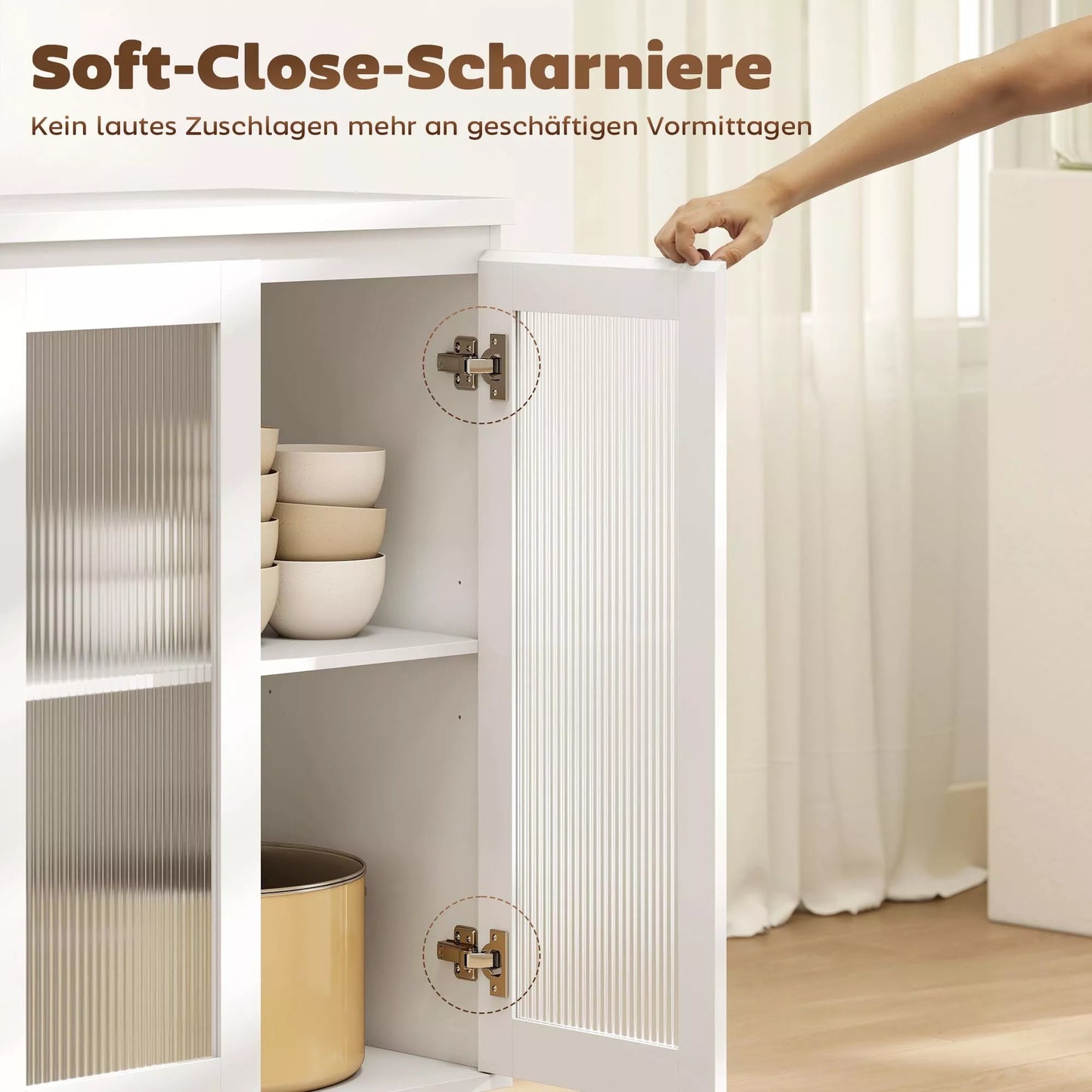 Bufetas, komoda su 4 stalčiais, 2 stiklinėmis durimis, modernus dizainas, MDF, balta