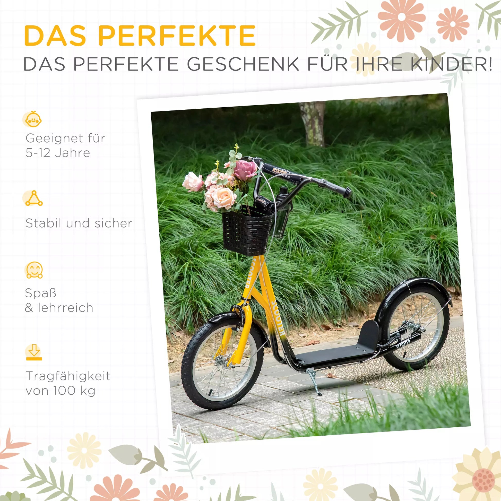 Vaikiškas paspirtukas, reguliuojamas aukštis, neslidus, plieninis rėmas, nuimamas krepšelis, stabdžiai, guminiai ratai