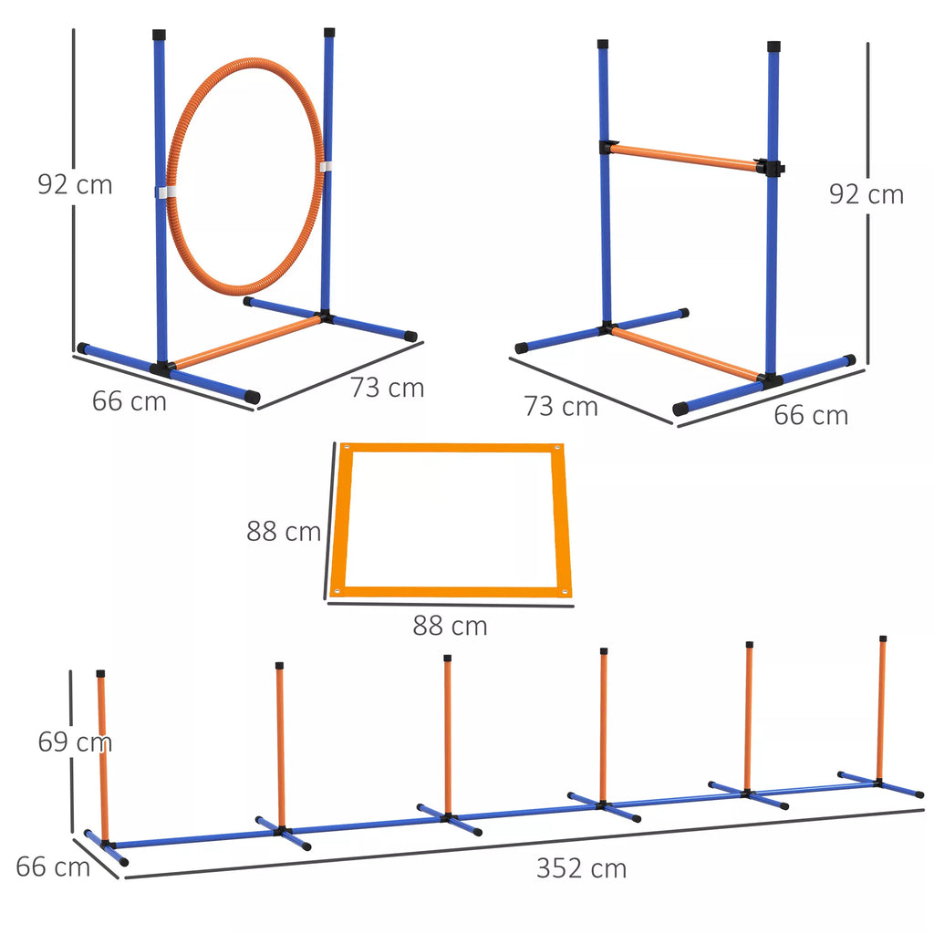 Šunų agility rinkinys Šunų aikštelė, 1 padanga, 1 barjeras, 1 Slalomo rinkinys, 352 cm x 66 cm x 69 cm, mėlyna + raudona