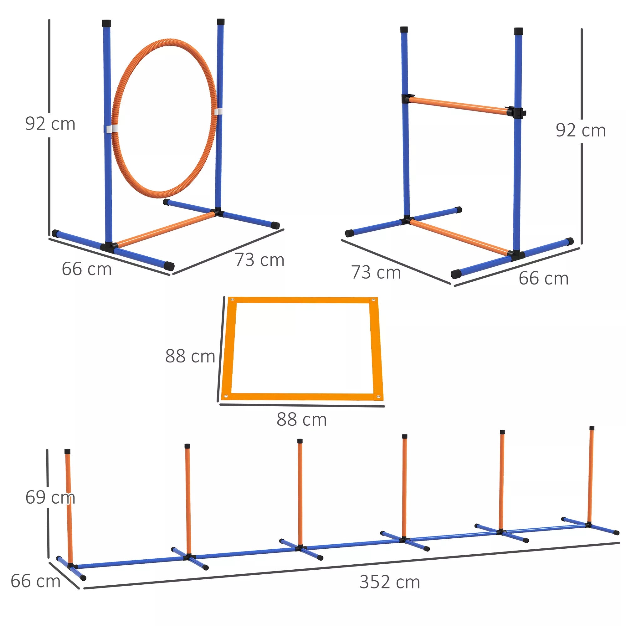 Šunų agility rinkinys Šunų aikštelė, 1 padanga, 1 barjeras, 1 Slalomo rinkinys, 352 cm x 66 cm x 69 cm, mėlyna + raudona