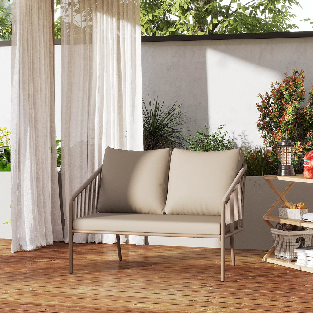 2-vietė rotango sofa su pagalvėlėmis, poilsio sofa, atspari oro sąlygoms, smėlio spalvos
