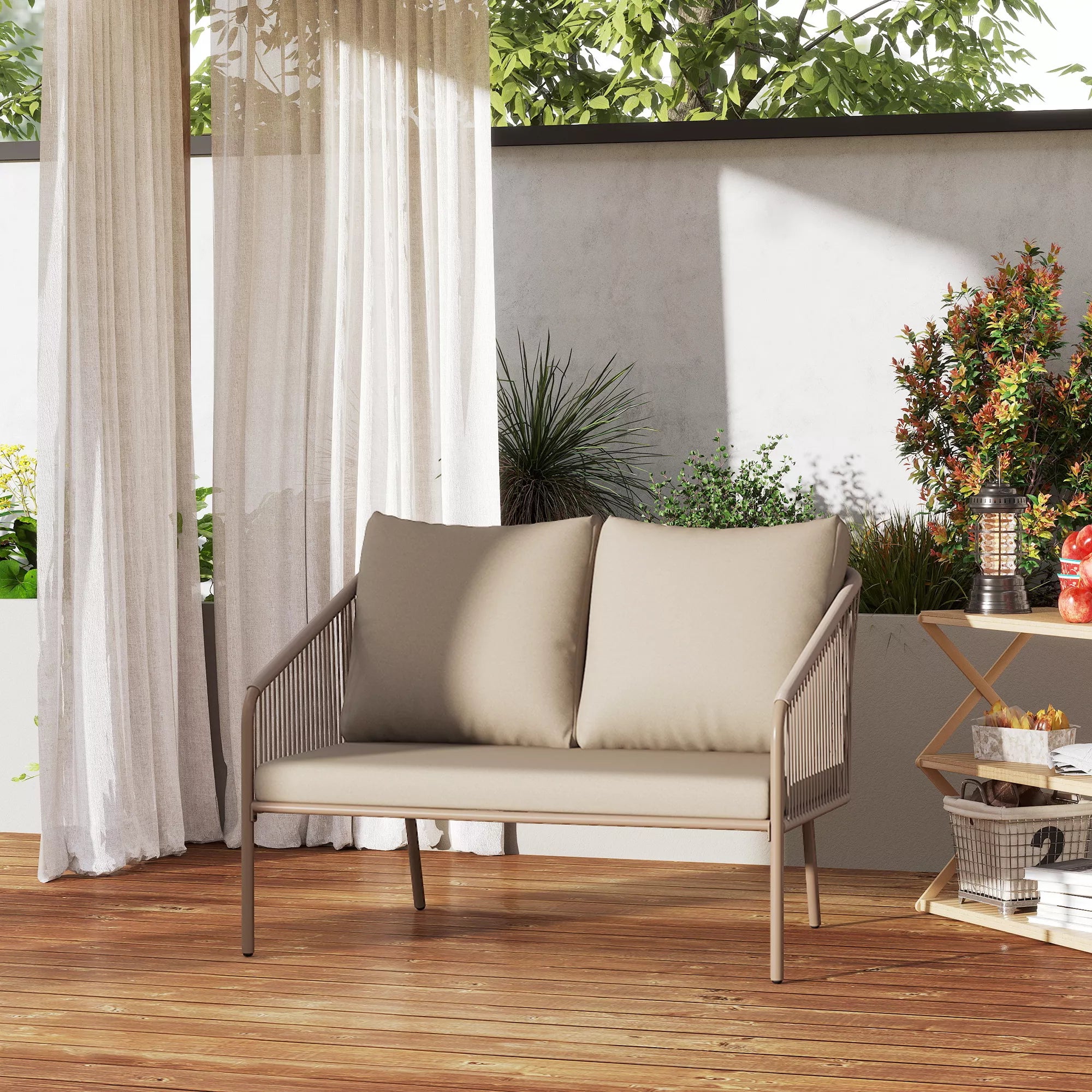 2-vietė rotango sofa su pagalvėlėmis, poilsio sofa, atspari oro sąlygoms, smėlio spalvos