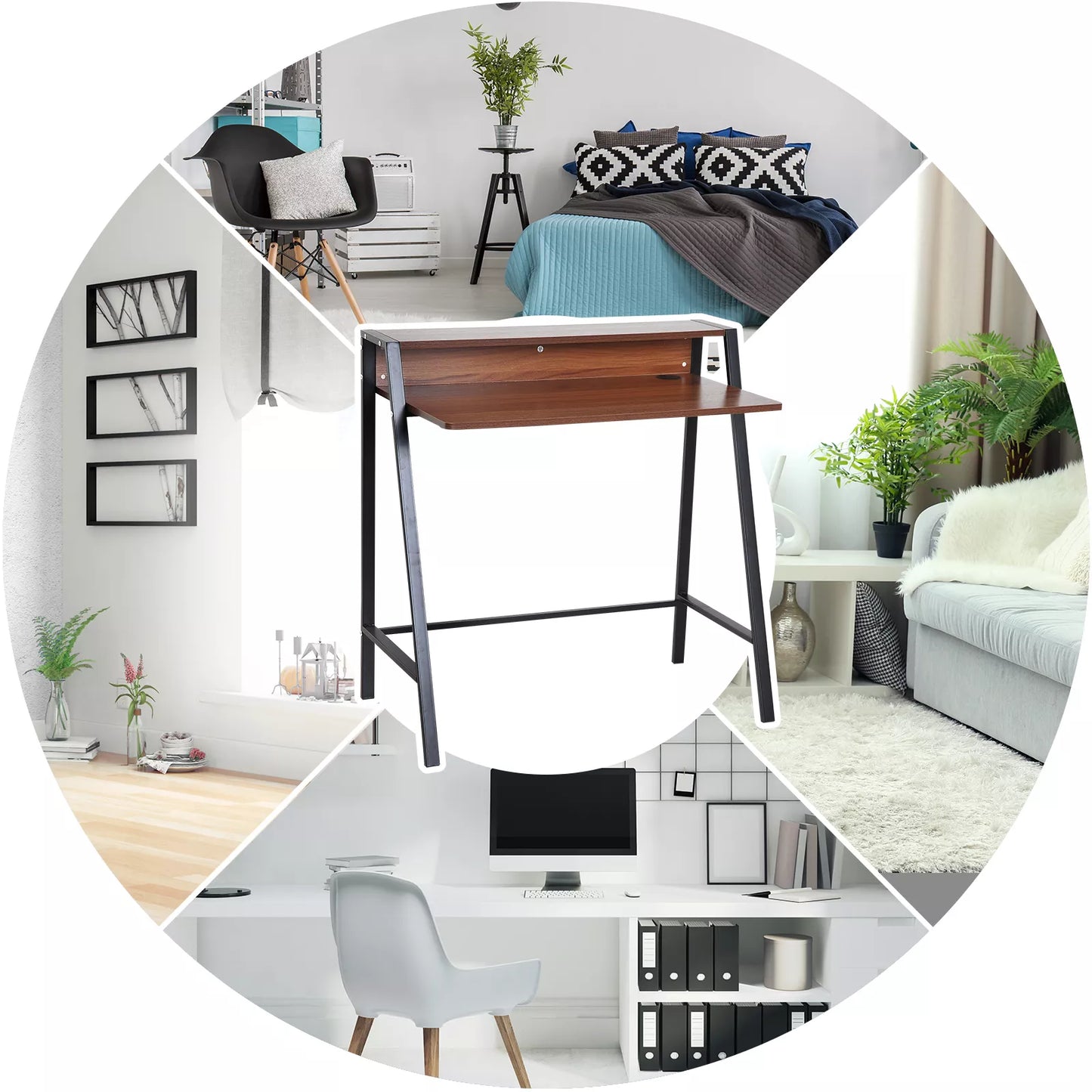 Rašomasis stalas, kompiuterio stalas su lentyna ir kabelių tvarkymo sistema, modernus rašomasis stalas su metaliniu rėmu darbo kambariui, miegamajam, namų biurui, 84 x 45 x 85 cm, riešuto spalvos+juoda