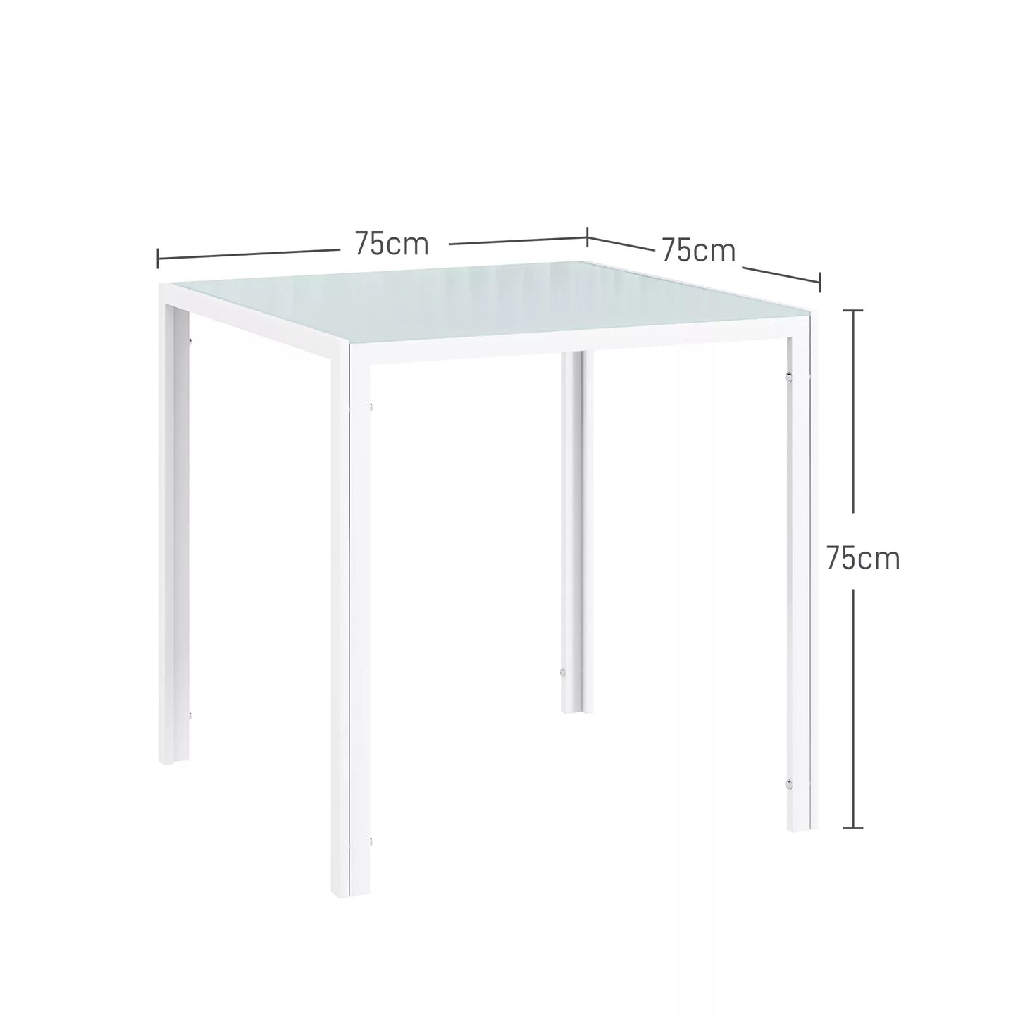 Kvadratinis valgomojo stalas 4 asmenims, su grūdinto stiklo stalviršiu, tinkamas virtuvei ir valgomajam, 75 x 75 x 75 cm, Baltas