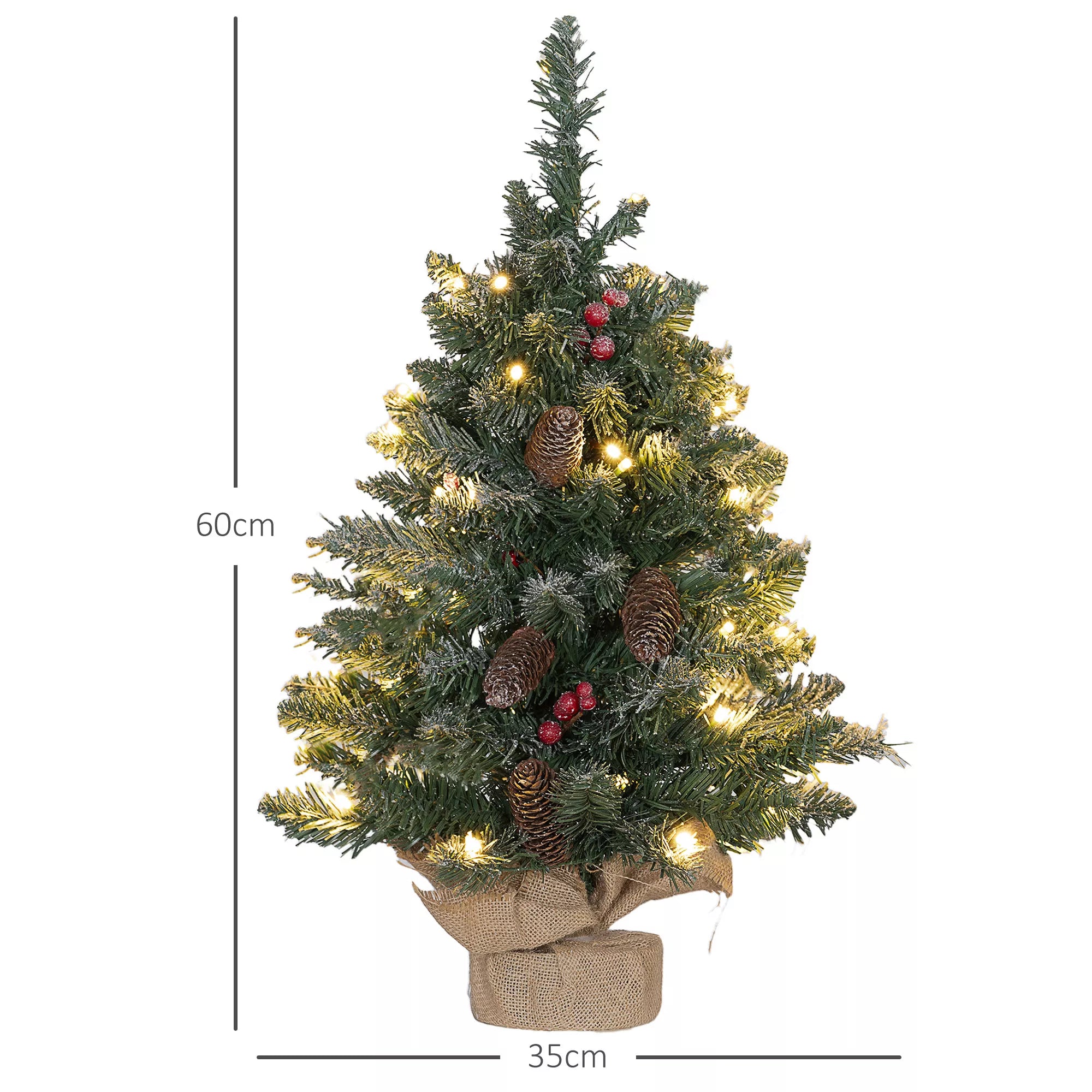 Kalėdinė eglutė su LED apšvietimu, 60 cm, pušies kankorėžiais ir raudonomis uogomis, su stovu, Žalia/Balta