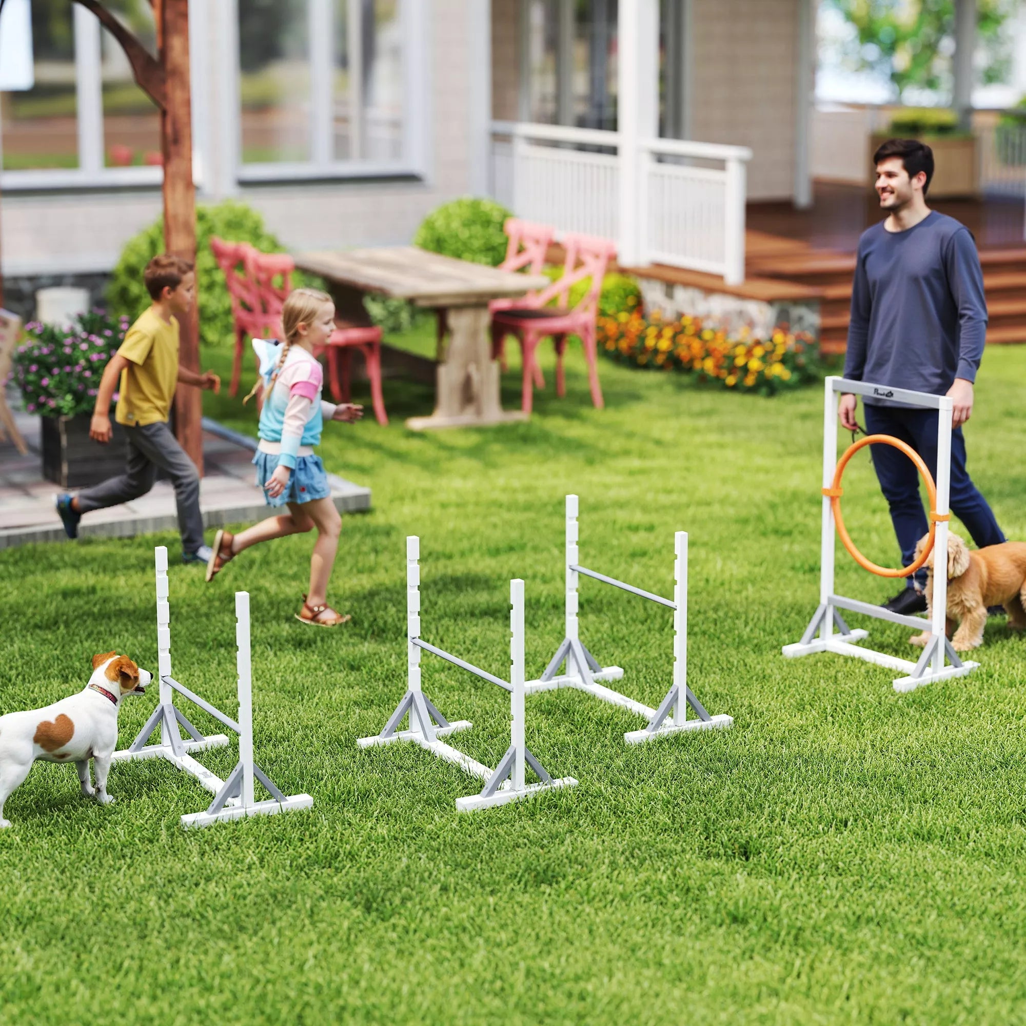 Agility rinkinys šunims, 4 dalių dresūros įranga su aukščio reguliuojamomis kliūtimis ir lanku, baltas