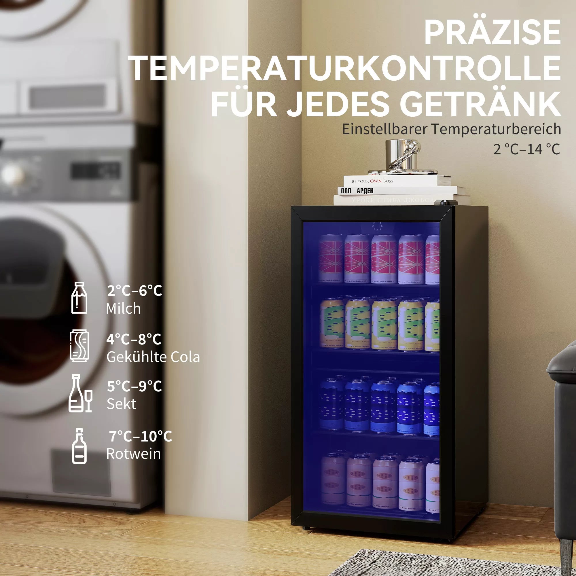 Mini šaldytuvas 93 l su stiklinėmis durimis, reguliuojamomis lentynomis, LED apšvietimu, temperatūros reguliatoriumi, 47,2 x 43,7 x 83,3 cm, juodos spalvos