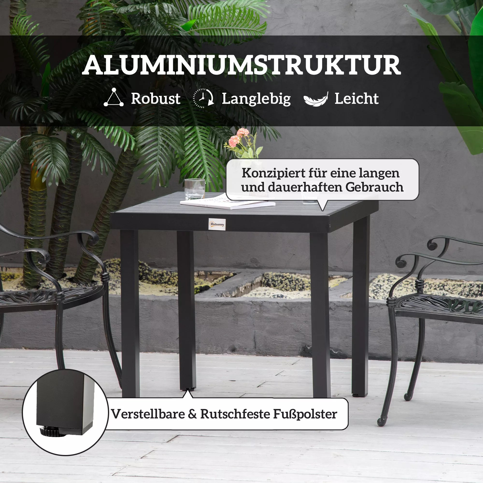 Sodo stalas 4 asmenims Valgomojo stalas Aliuminio stalas Sodo baldai Poilsio baldai Lengvai prižiūrimi Plastikiniai Juodi 78 x 78 x 74 cm