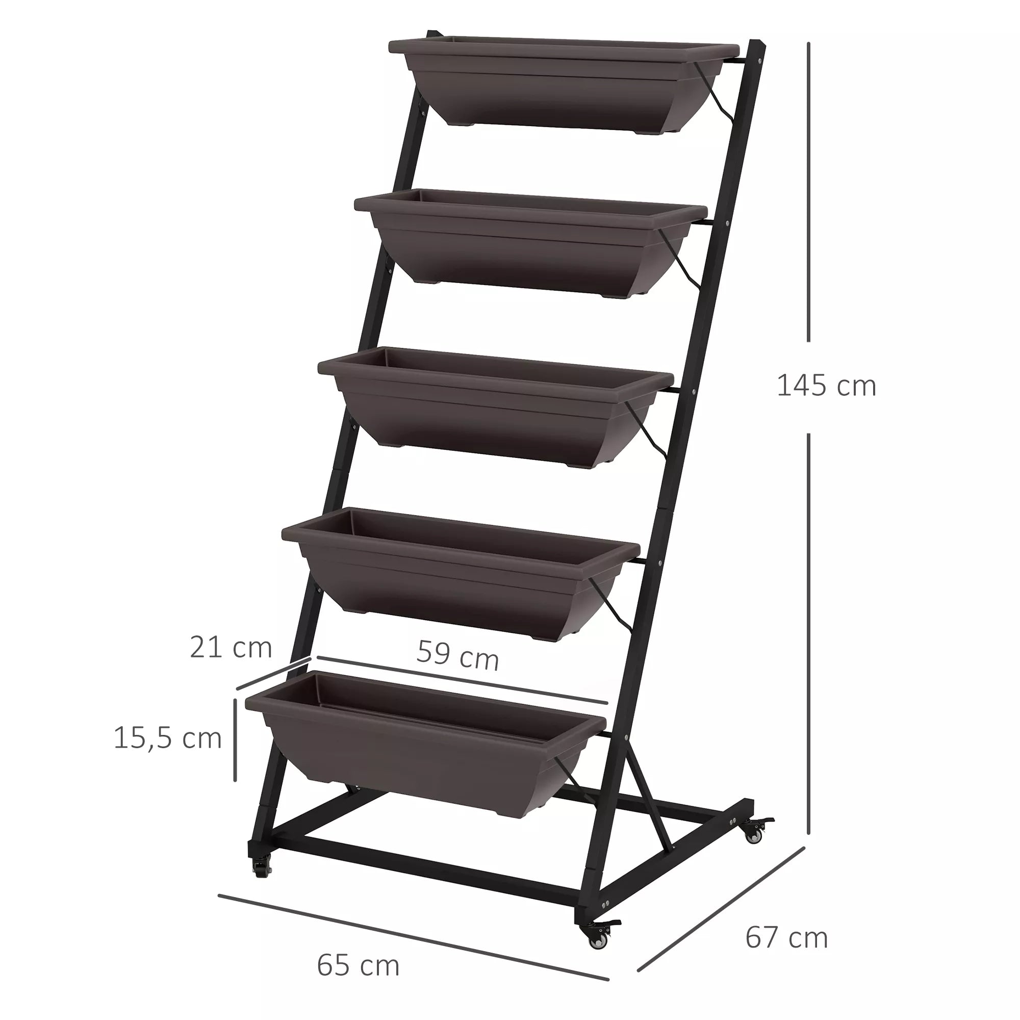 Metalinis gėlių stovas 5 pakopų su sodinimo loveliais, 145 cm aukščio vertikali augalų sistema, 65 x 67 x 145 cm, rudos spalvos