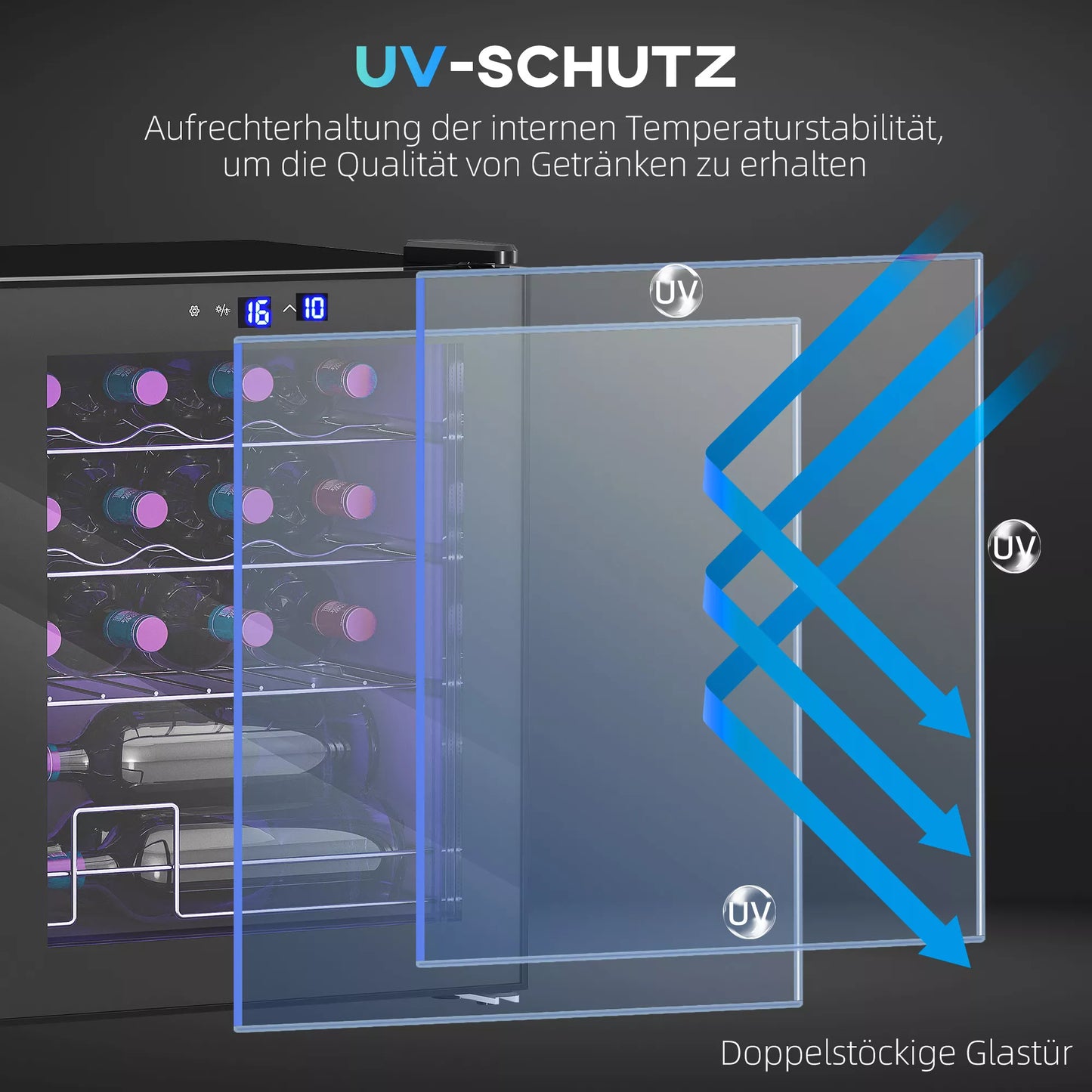 Atskirai stovintis vyno šaldytuvas, 16 butelių, skirtas namų barui, svetainei, virtuvei. Liečiamasis ekranas, stiklinės durys, LED apšvietimas.