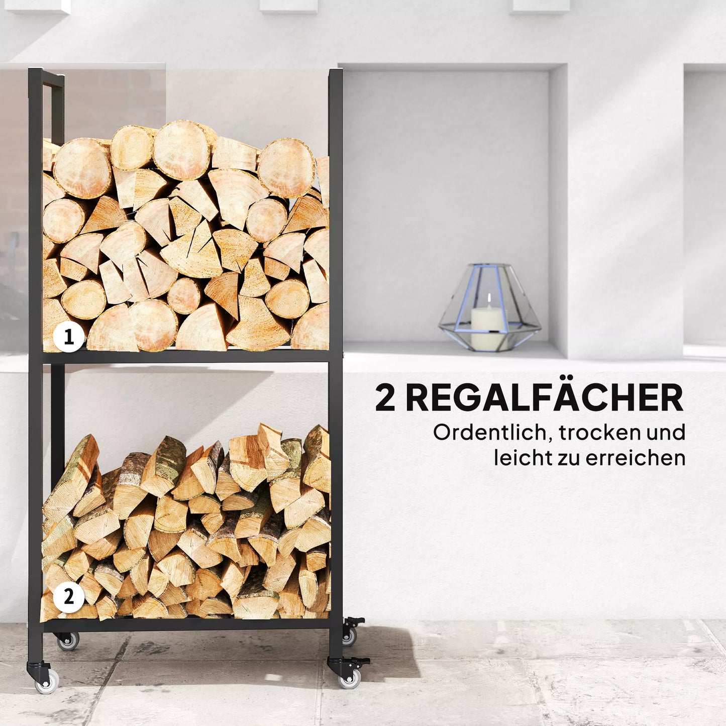 Vidinė malkinė plieninė 60 x 30 x 119cm 2 lentynų malkų laikiklis su ratuku juoda