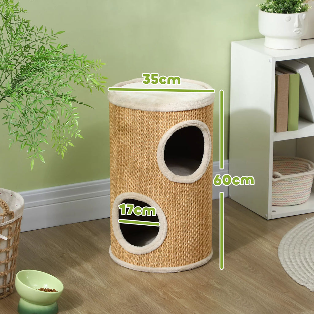 Katės medis su daug vietos, pliušiniu apmušalu, sizalio paviršiumi, Φ35 x 60H cm, rudos-smėlio spalvos, 10 kg