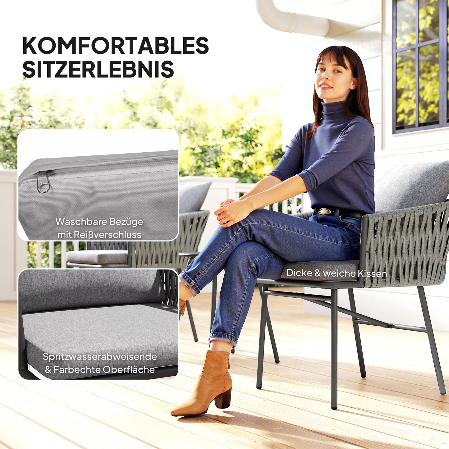 3 dalių lauko baldų komplektas, 2 kėdės, 1 stalas, bistro komplektas, sintetinio rotango, plieninis rėmas, metalinis stalas, 4 pagalvėlės, pilkos spalvos