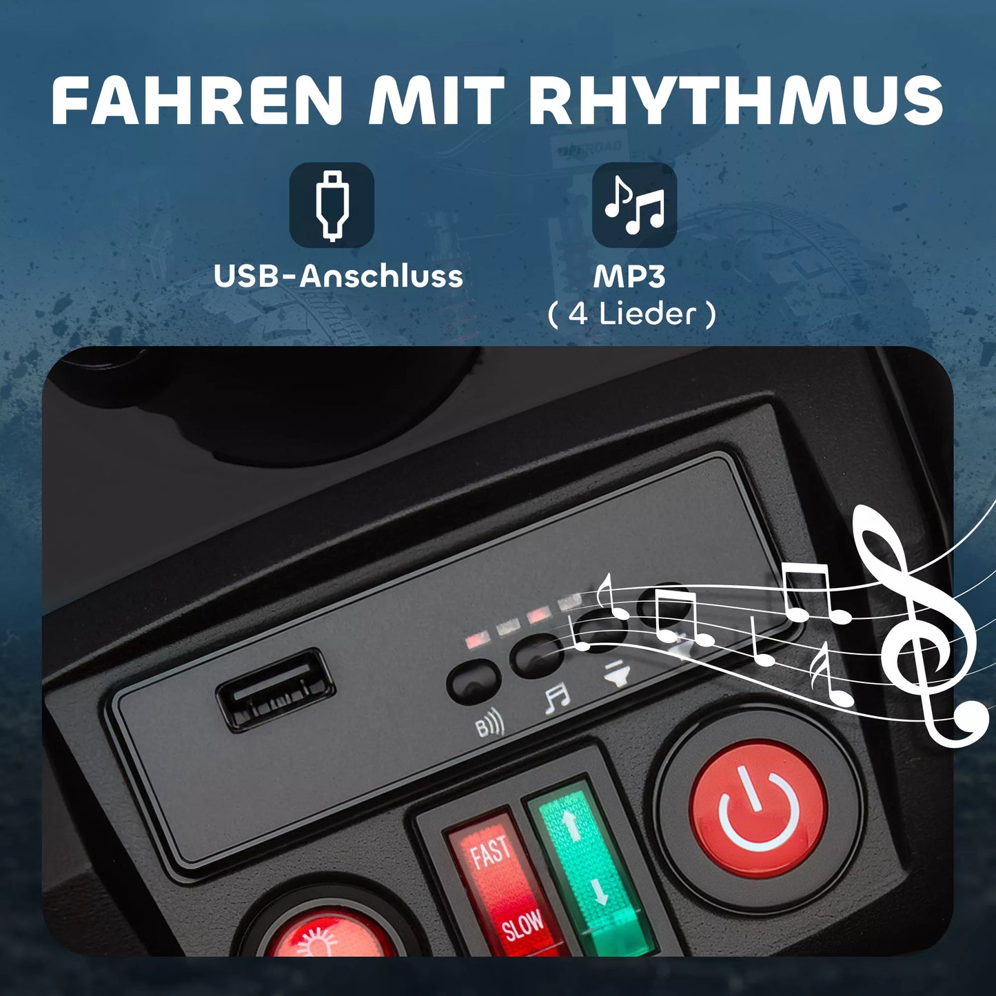 Elektrinis keturratis vaikams, 24V elektrinė transporto priemonė su 4 ratais, priekiniai žibintai, USB jungtis, MP3 funkcija, 6,5 km/h, 3-8 metai