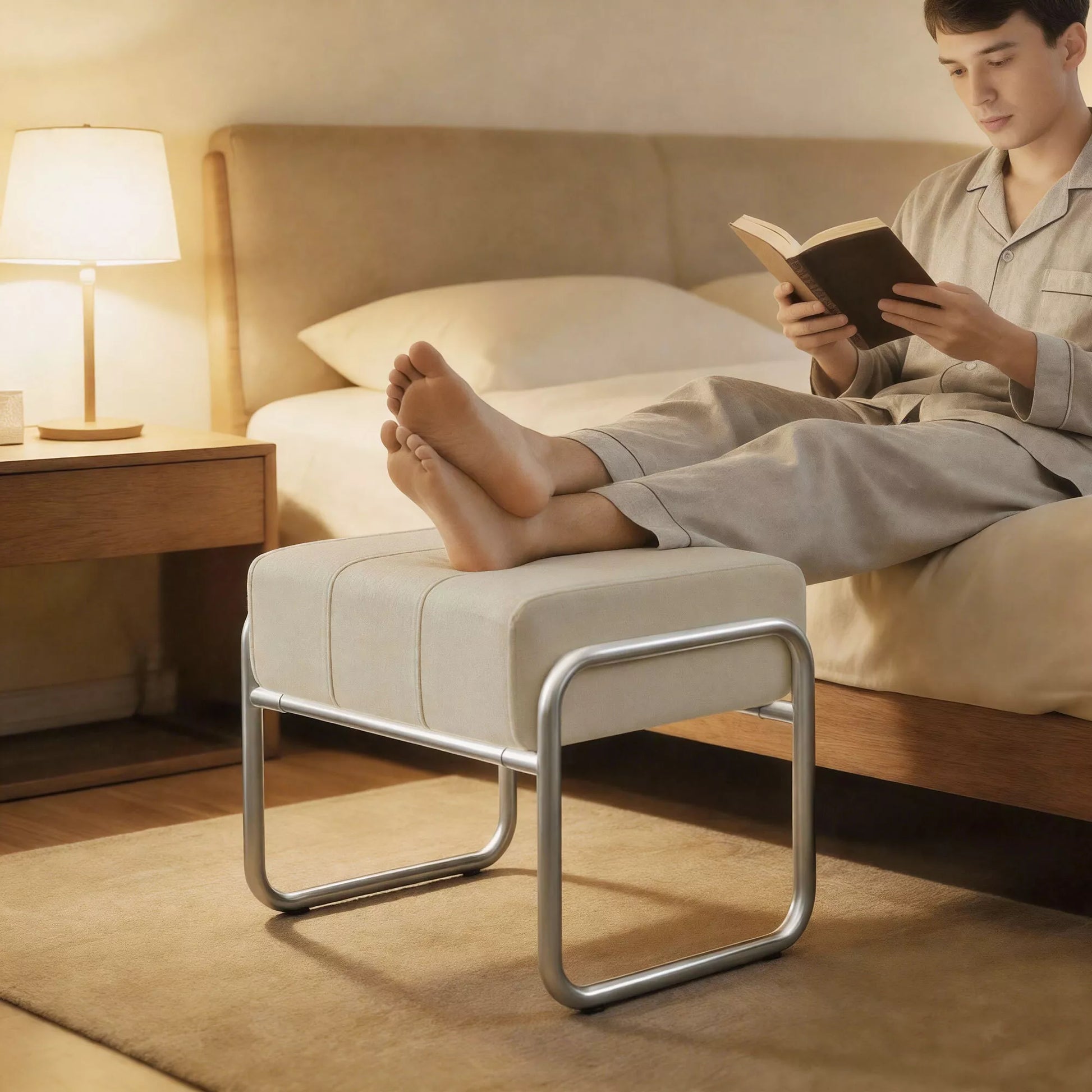 Pėdų pufas Sėdimoji kėdė Storas paminkštintas pufas su šenilio audiniu ir plieninėmis kojomis miegamajam, smėlio spalvos