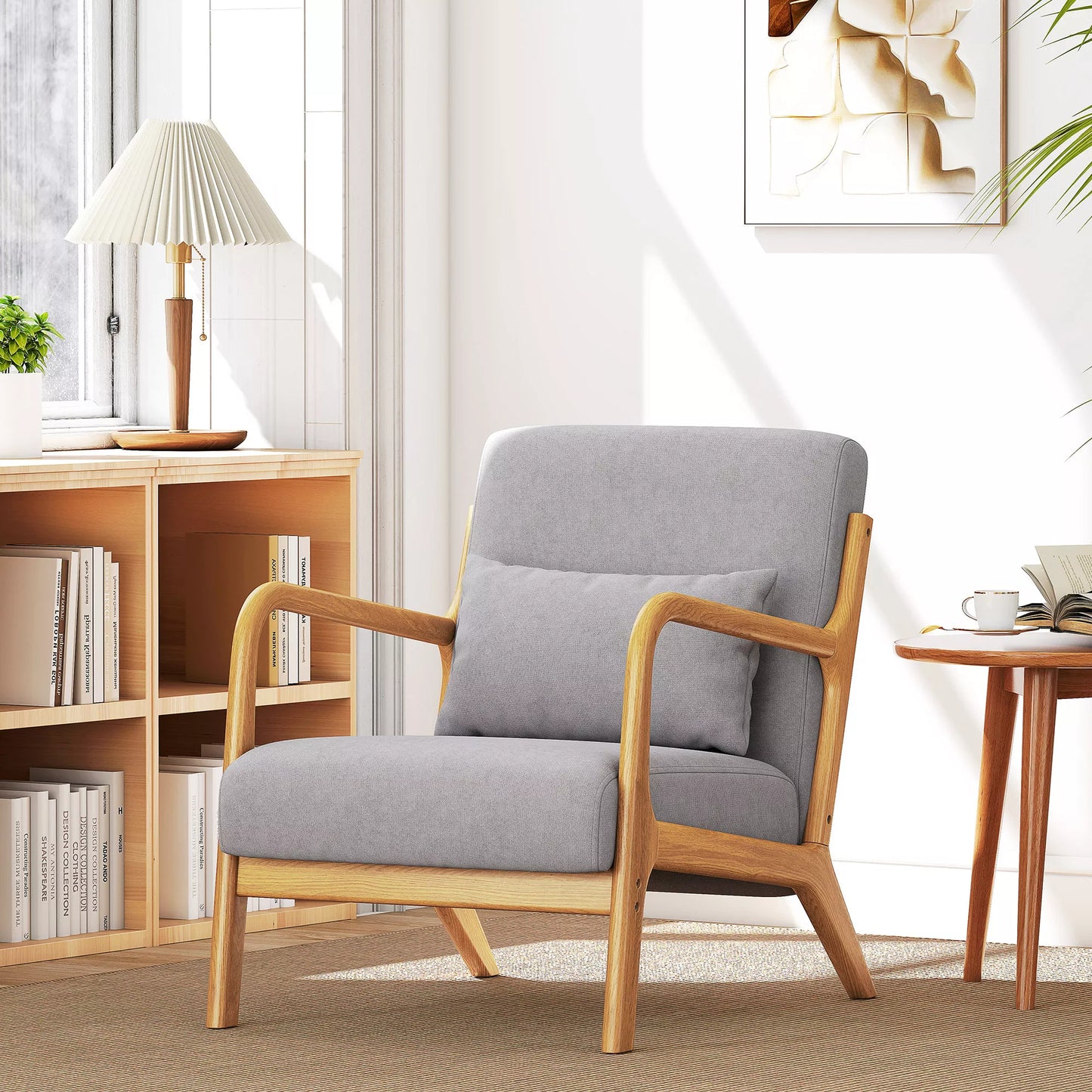 Elegantiškas svetainės fotelis su mediniu rėmu ir putplasčio užpildu, aksomo išvaizda, skirta svetainei, miegamajam, pilkos spalvos