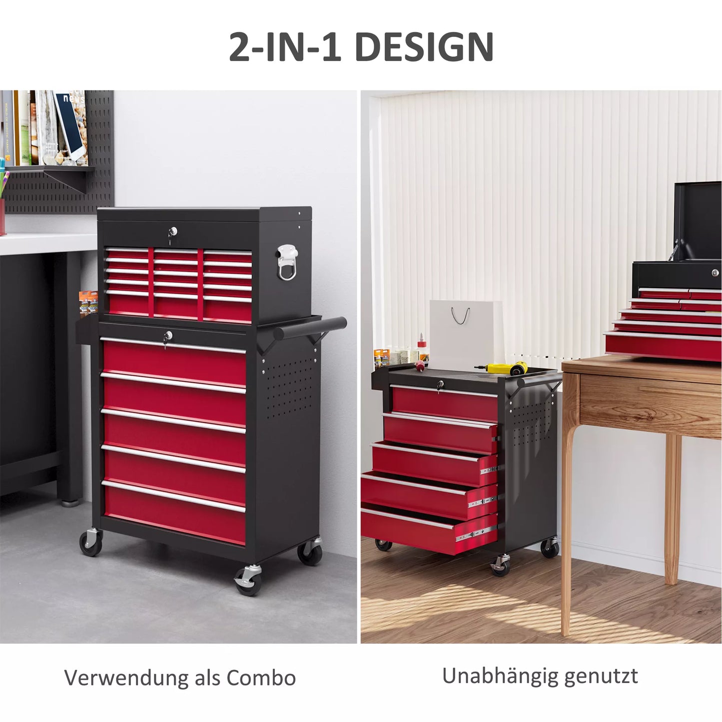 Dviejų dalių užrakinamas įrankių vežimėlis, 14 stalčių, perforuota sienelė, plieninis, raudonas