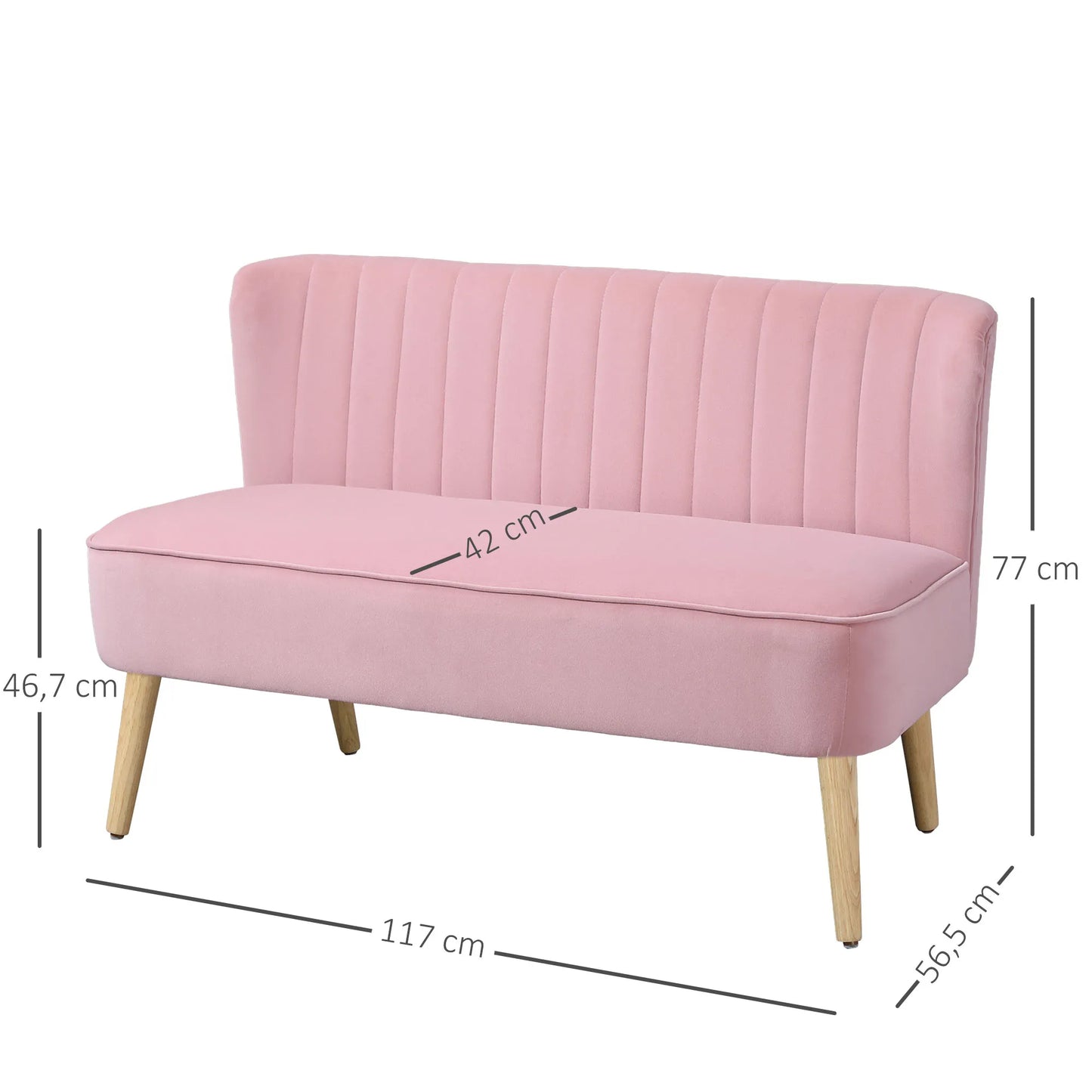 2 vietų audinio sofa, minkšta sofa, dvivietė sofa, sėdėjimo baldas, poilsio sofa, mediena, rausvo aksomo tipo poliesteris, putplastis, rožinė, 117 x 56,5 x 77 cm