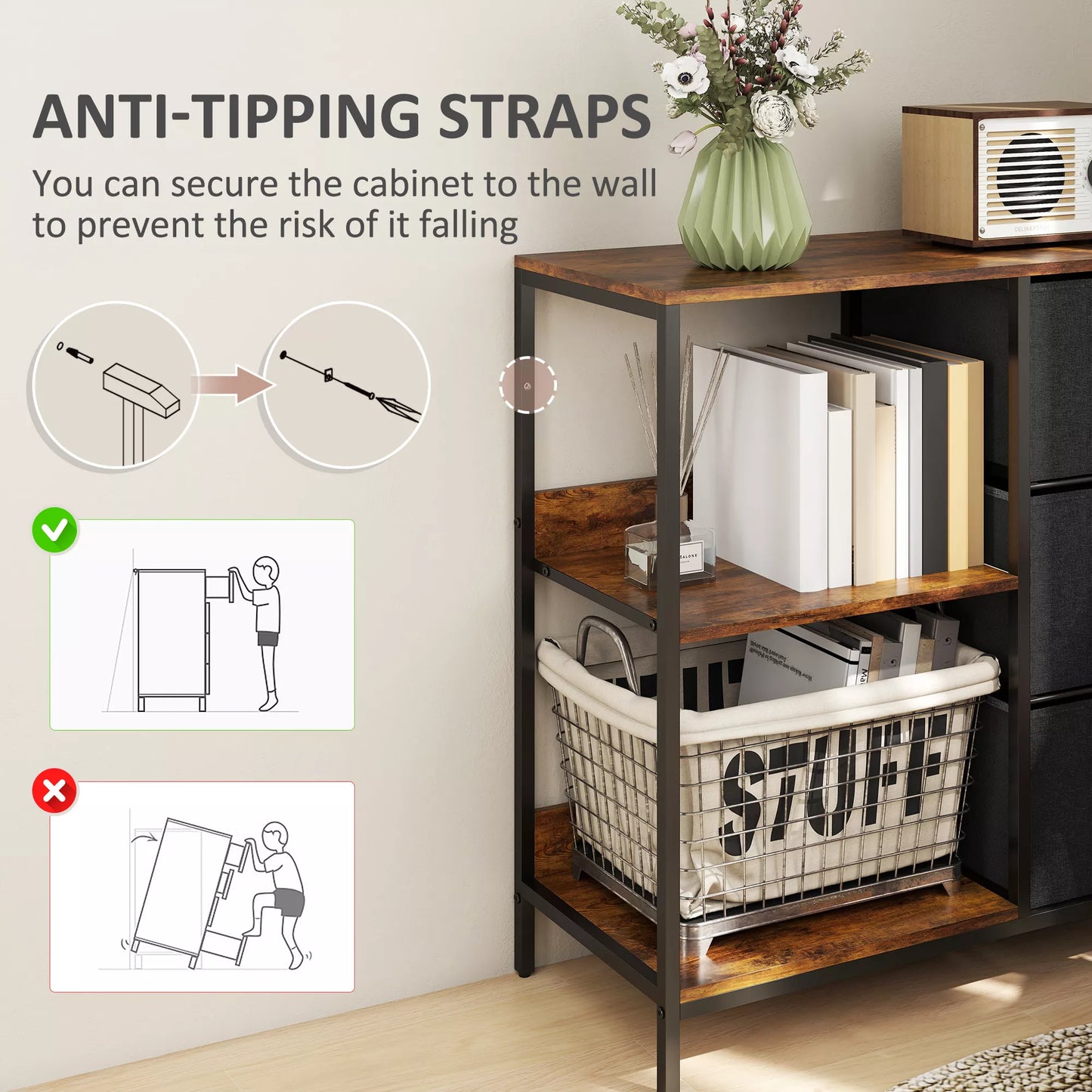 Saugojimo komoda, 3 medžiaginiai stalčiai, lentynos, metalinis rėmas, ruda+pilka